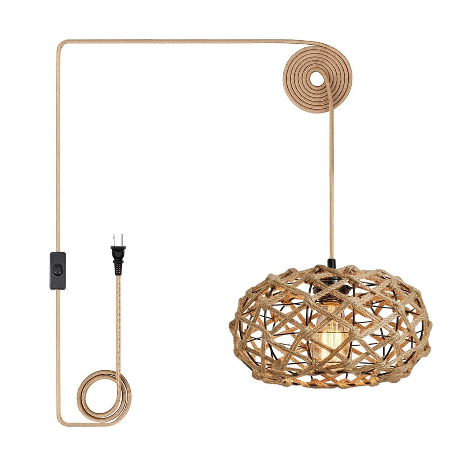 DORESshop LSC-DZ135 1 Light Boho Pendant Light Plug in Rustic Hand Woven Hemp Rope Cage Basket Hanging Lamp Wicker Retro Light Fixtures