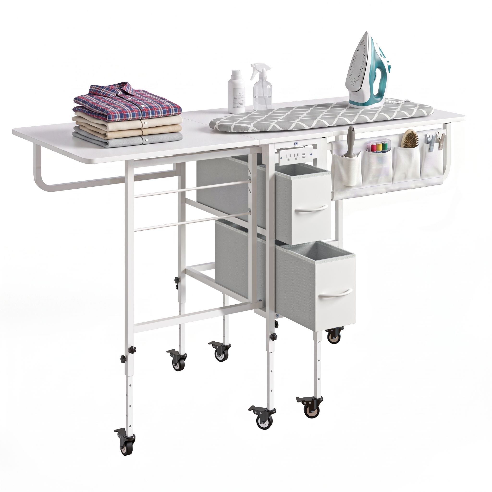 FIMELLO Rolling Ironing Table with Storage Drawers - Height Adjustable Laundry Folding Table with Lockable Wheels