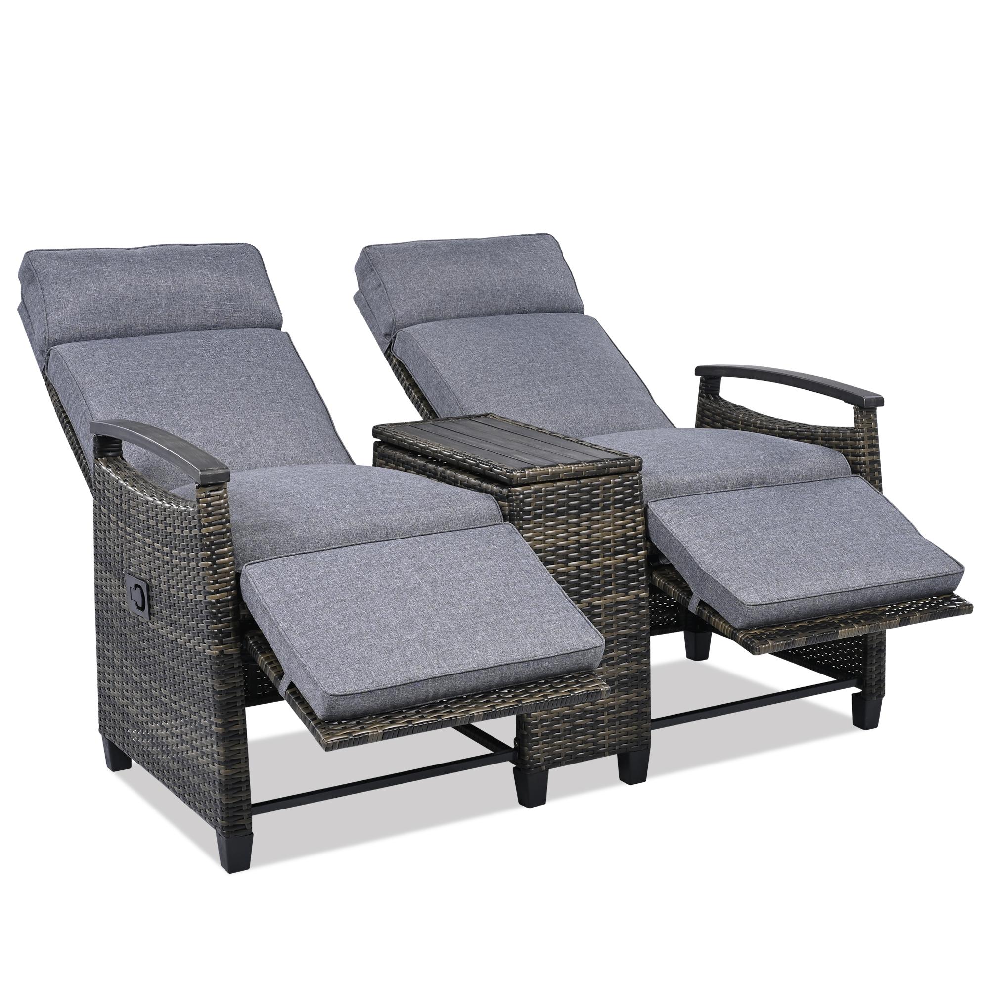 Bayfeve BFG-201239E-OD Patio Recliner Loveseat Chair Rattan Gray Rattan Frame Stationary Recliner Chair with Gray Cushioned Seat