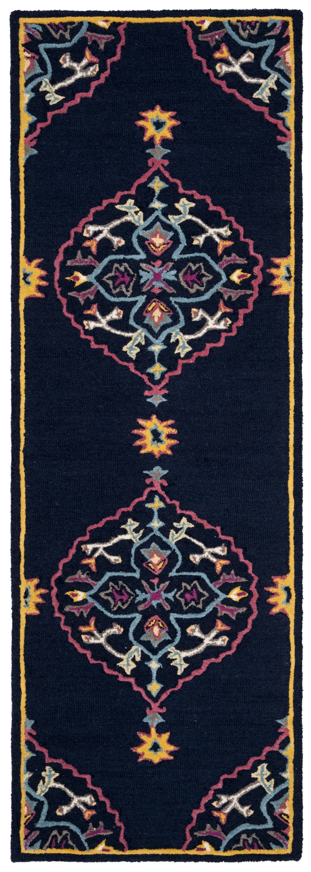 Safavieh BLG605C-29 Bellagio Nijar 2 x 9 (ft) Tufted Wool Navy Blue/Multi Rectangular Indoor Floral/Botanical Global Runner rug