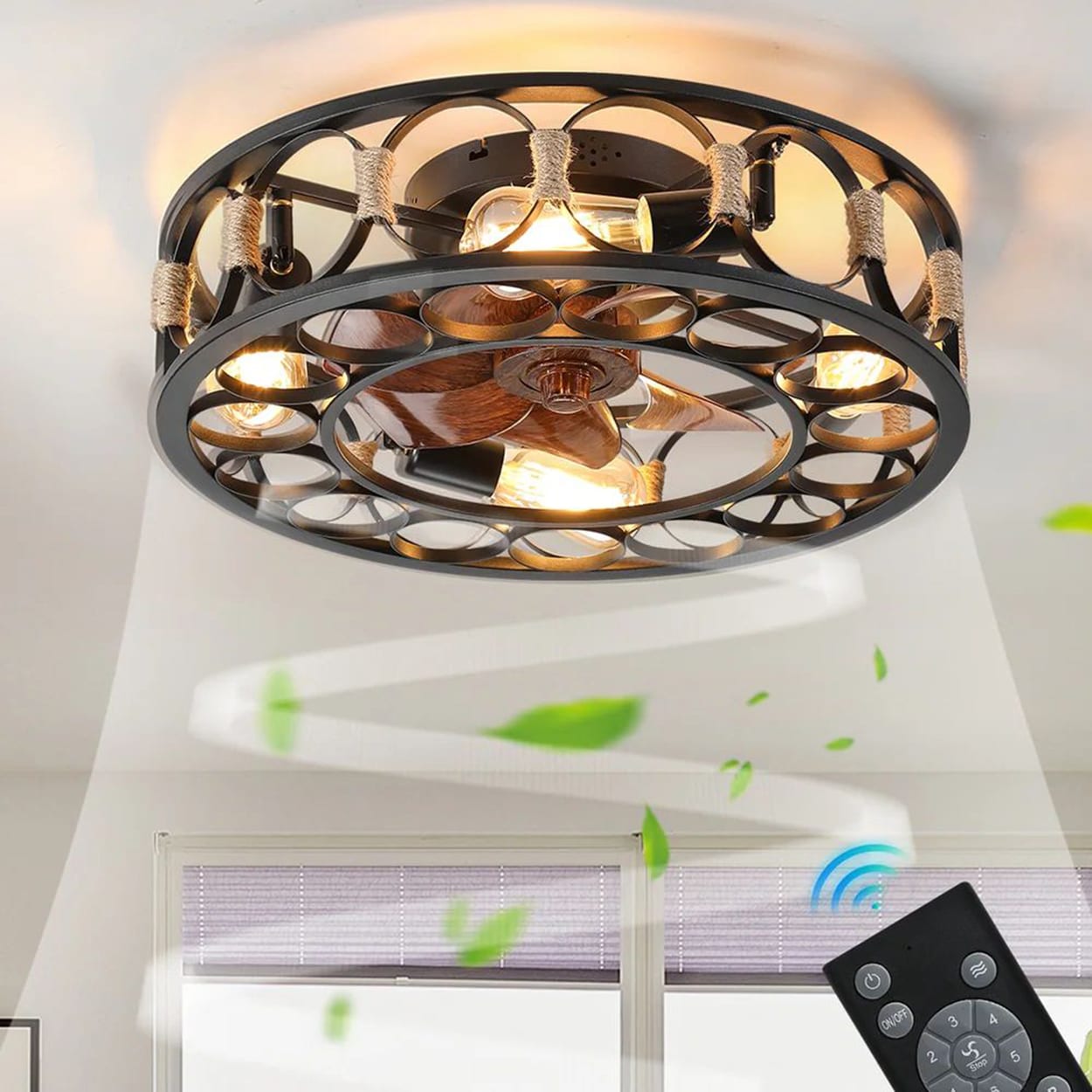 Oaks Decor Pavia 20-in Black Color-changing Indoor Flush Mount Smart Fandelier Ceiling Fan with Light and Remote (7-Blade) L6007 Sansujyuku sansujyuku.com