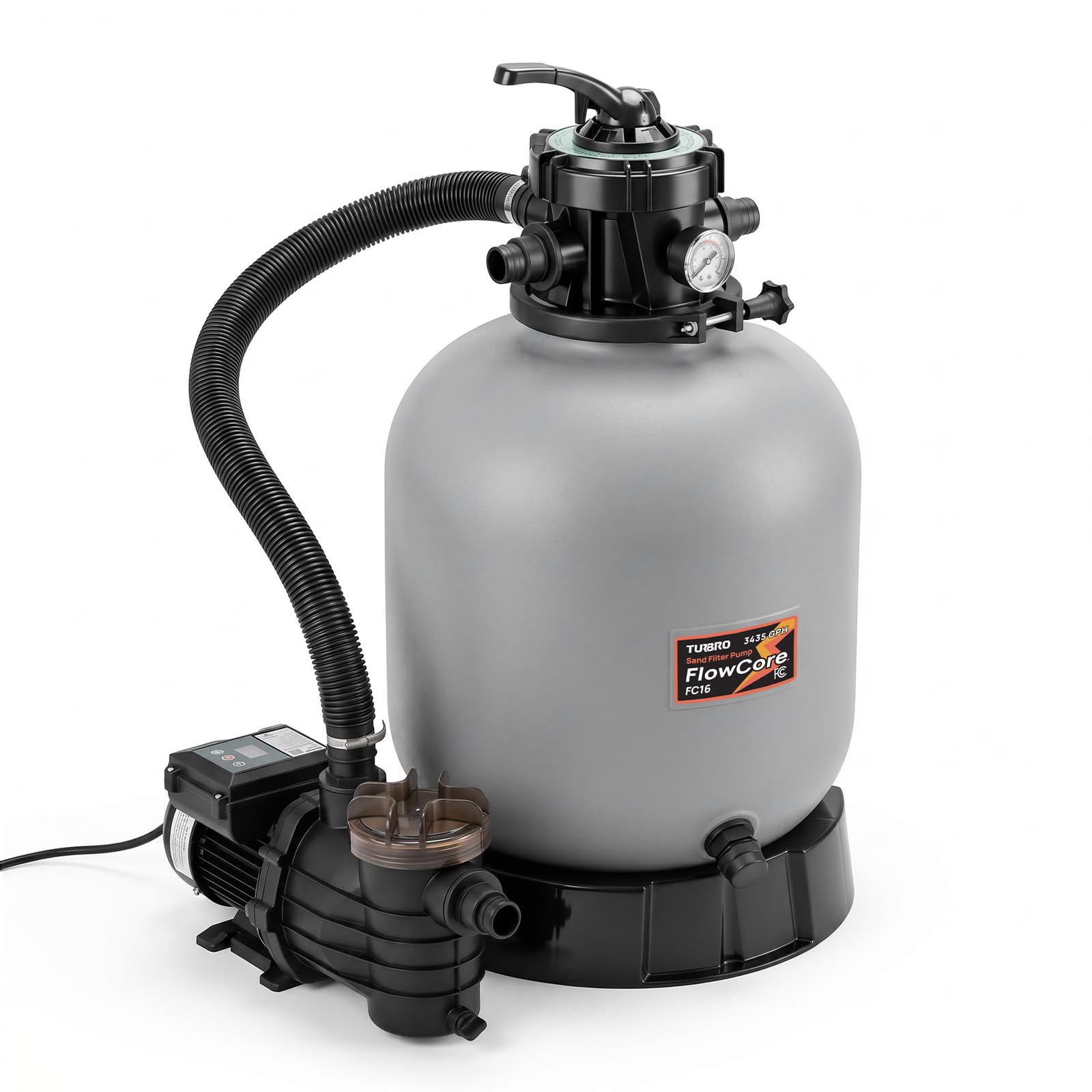 TURBRO  16 in Sand Filter Pump for In and Above Ground Swimming Pools up to 16000 Gallons 0.74 HP Pool Filter System 3435 GPH with 7 Way Valve Timer and 1.25 in and 1.5 in Adapters FlowCore FC16