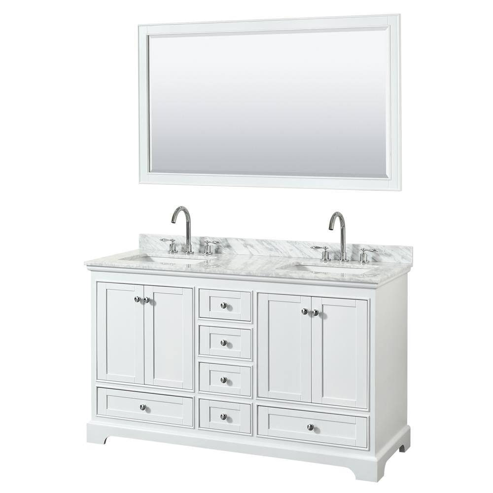 Wyndham Collection WCS202060DWHCMUNSM58 Deborah 60-in White with Polished Chrome Trim Undermount Double Sink Bathroom Vanity with White Carrara Natural Marble Top (Mirror Included)