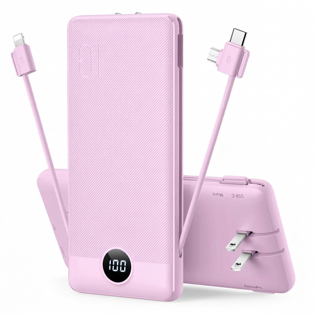 Oyezvary All In One 10000mAh Portable Charger Built In AC Plug Ultra Slim 072 Inch 8 oz 2 Cables and Ports Charge 4 Devices for iPhone Samsung Android 1 Piece #LOZ0429F31
