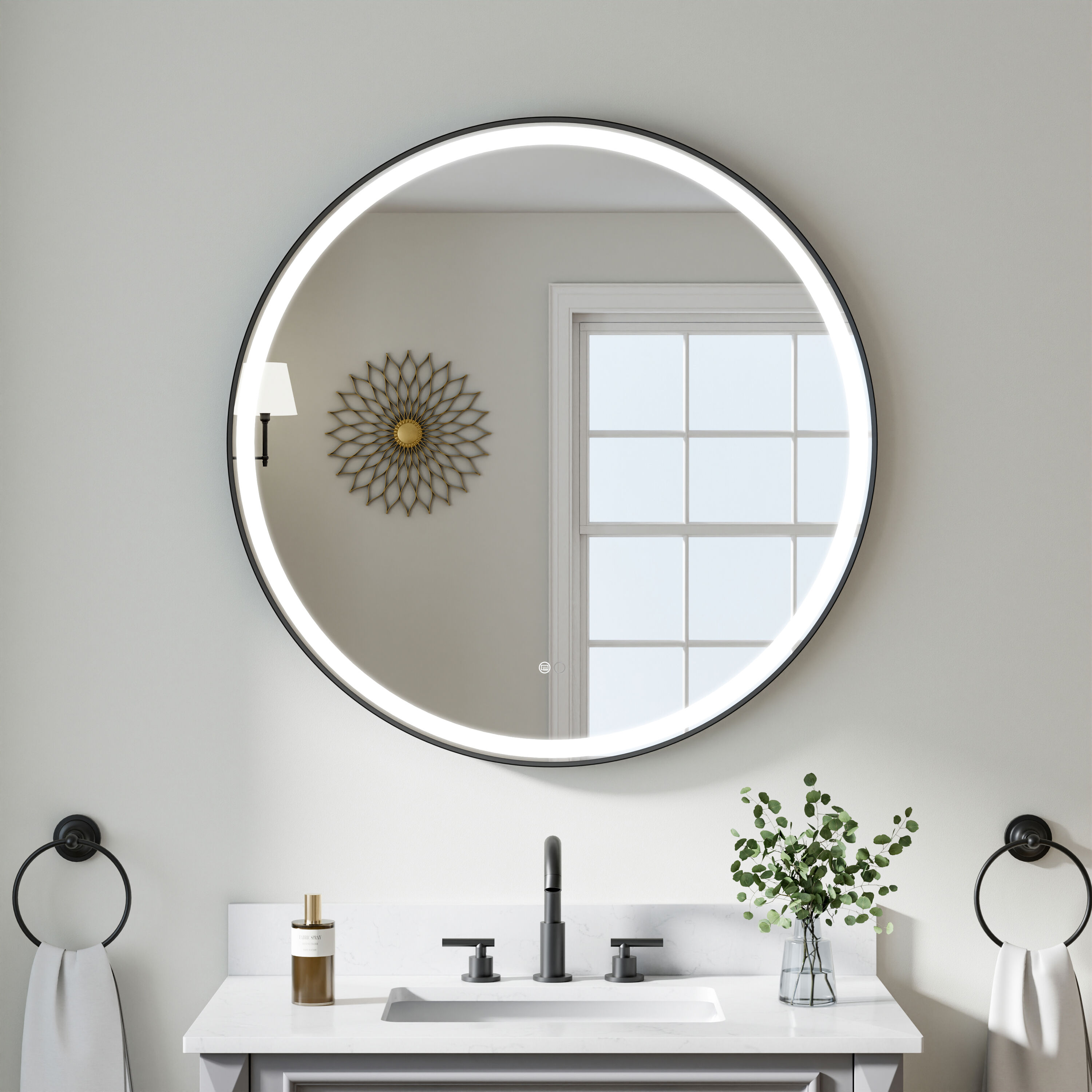 Forclover 36-in x 36-in Framed Round Dimmable LED Lighted Fog Free Bathroom Vanity Mirror ( Black )