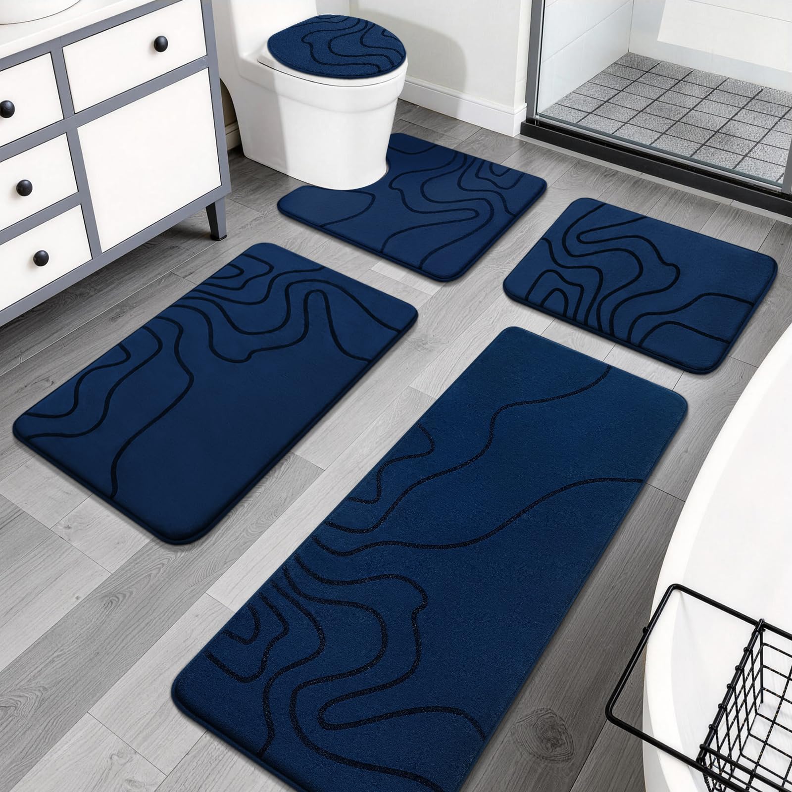 OMOMMD Dark Blue Memory Foam Bathroom Rugs Sets 5 Piece Extra Thick Ultra Soft Absorbent Non-slip Machine Washable