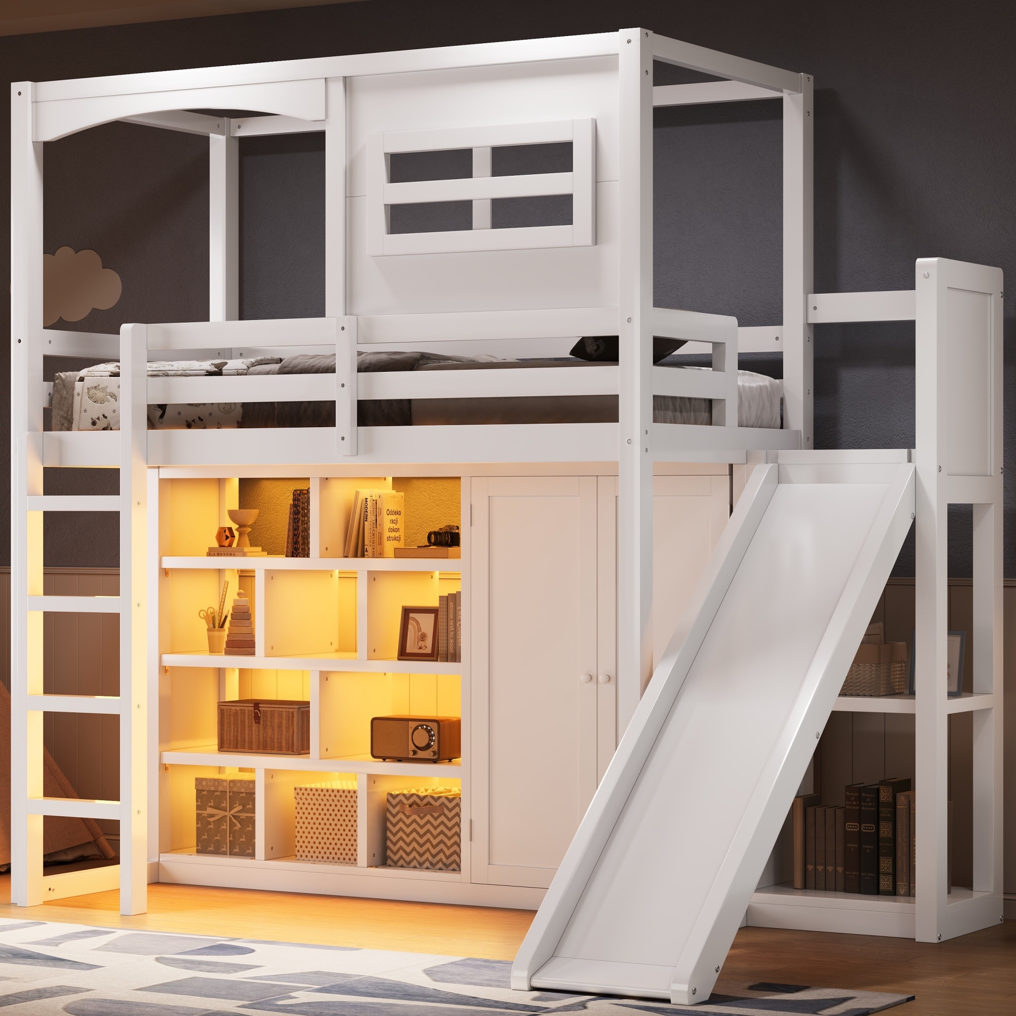 Make stuff'ていらチノワークサロペット オフホワイトBD（ストライプ） GDFStudio Wood Twin Size Loft Bed with Wardrobe Storage Shelves