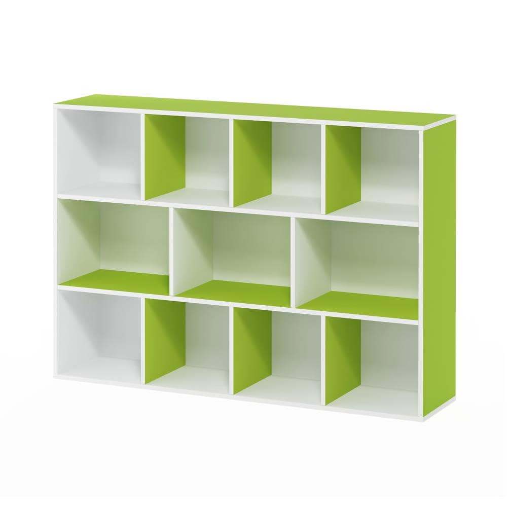 Contemporary White & Light Green Wood 11-Cube Kids Storage Shelf