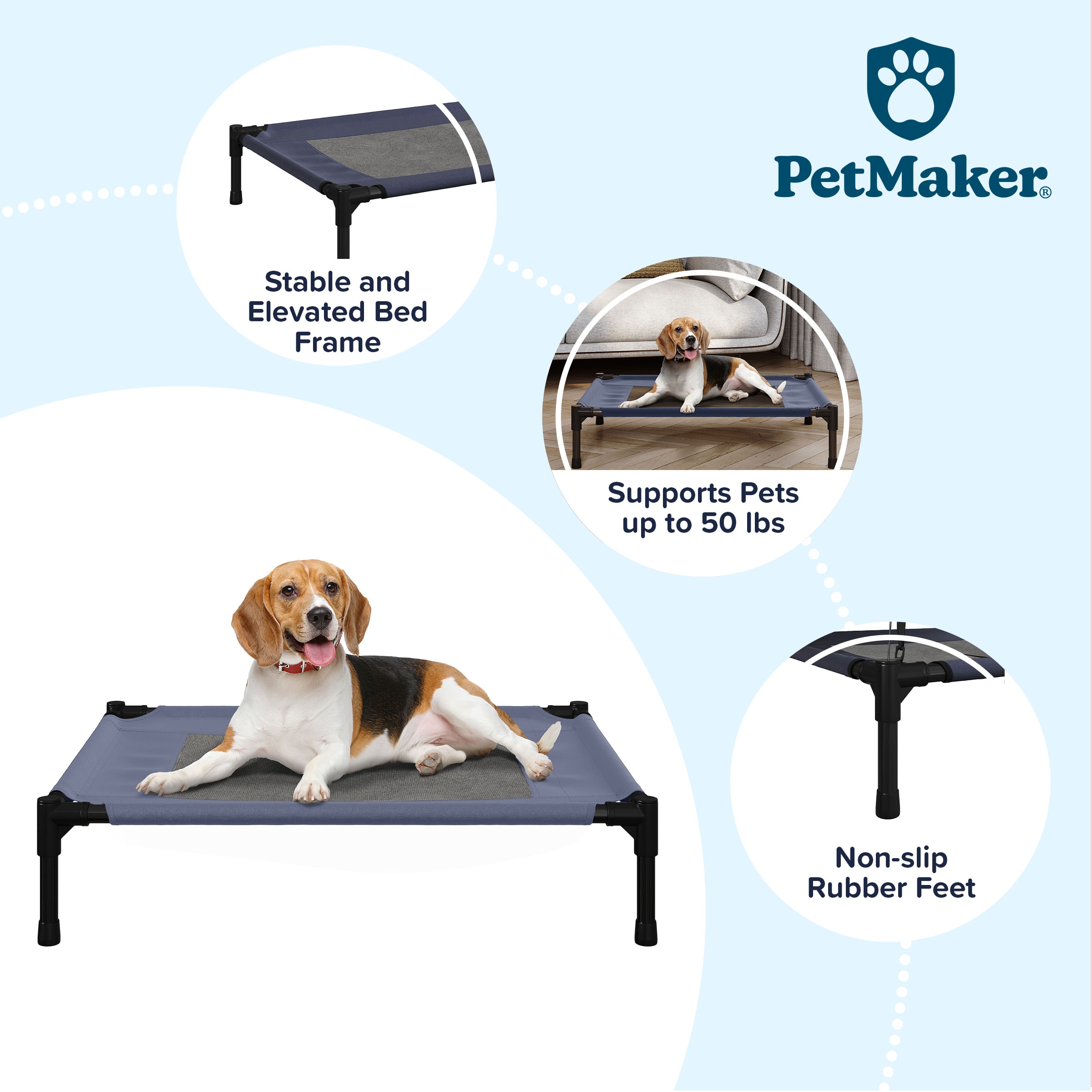 Small Navy Elevated Outdoor Pet Bed with Steel Frame
