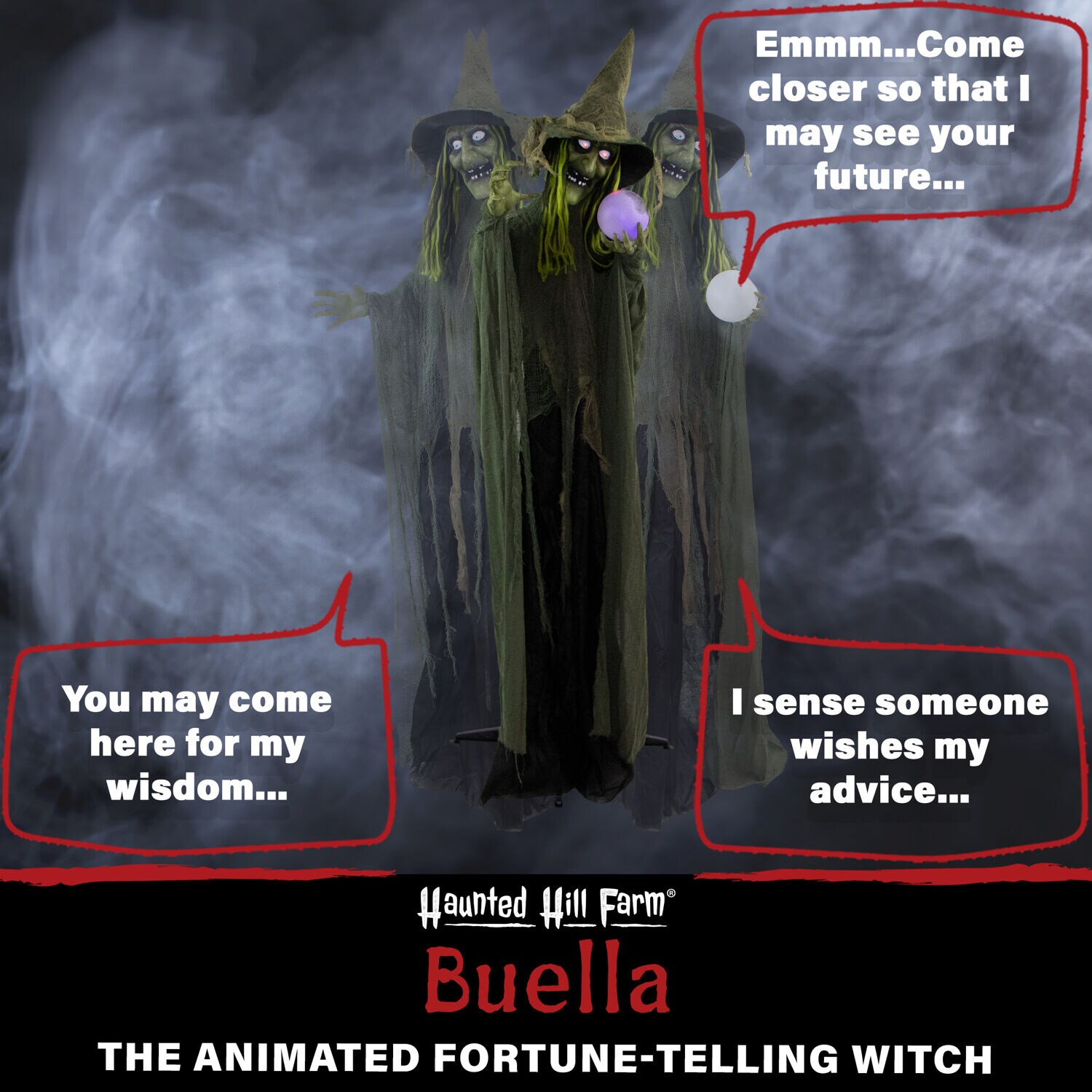 Life-Size Green Witch with Crystal Ball Halloween Animatronic