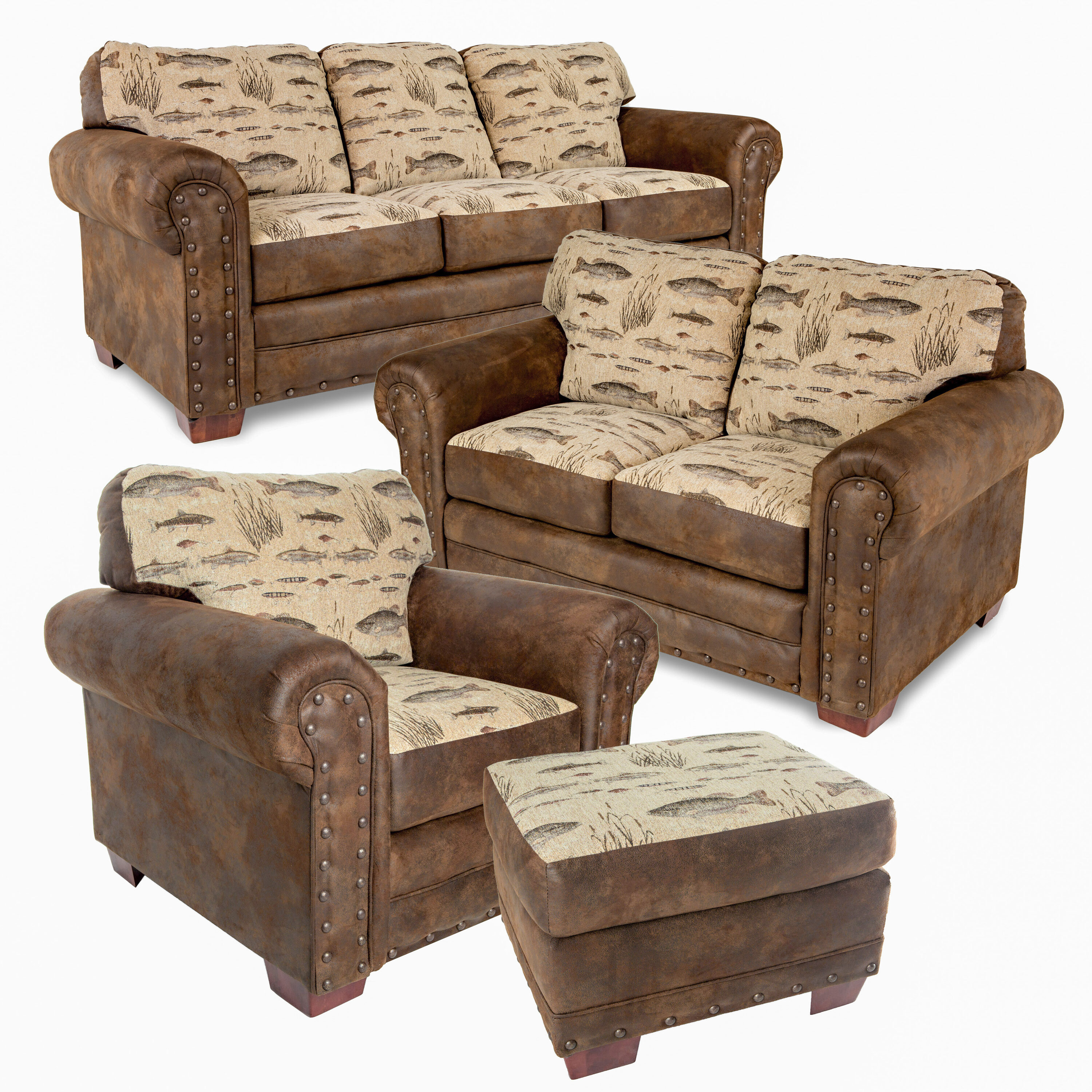 Rustic Brown Faux Leather and Tapestry 4-Piece Living Room Set