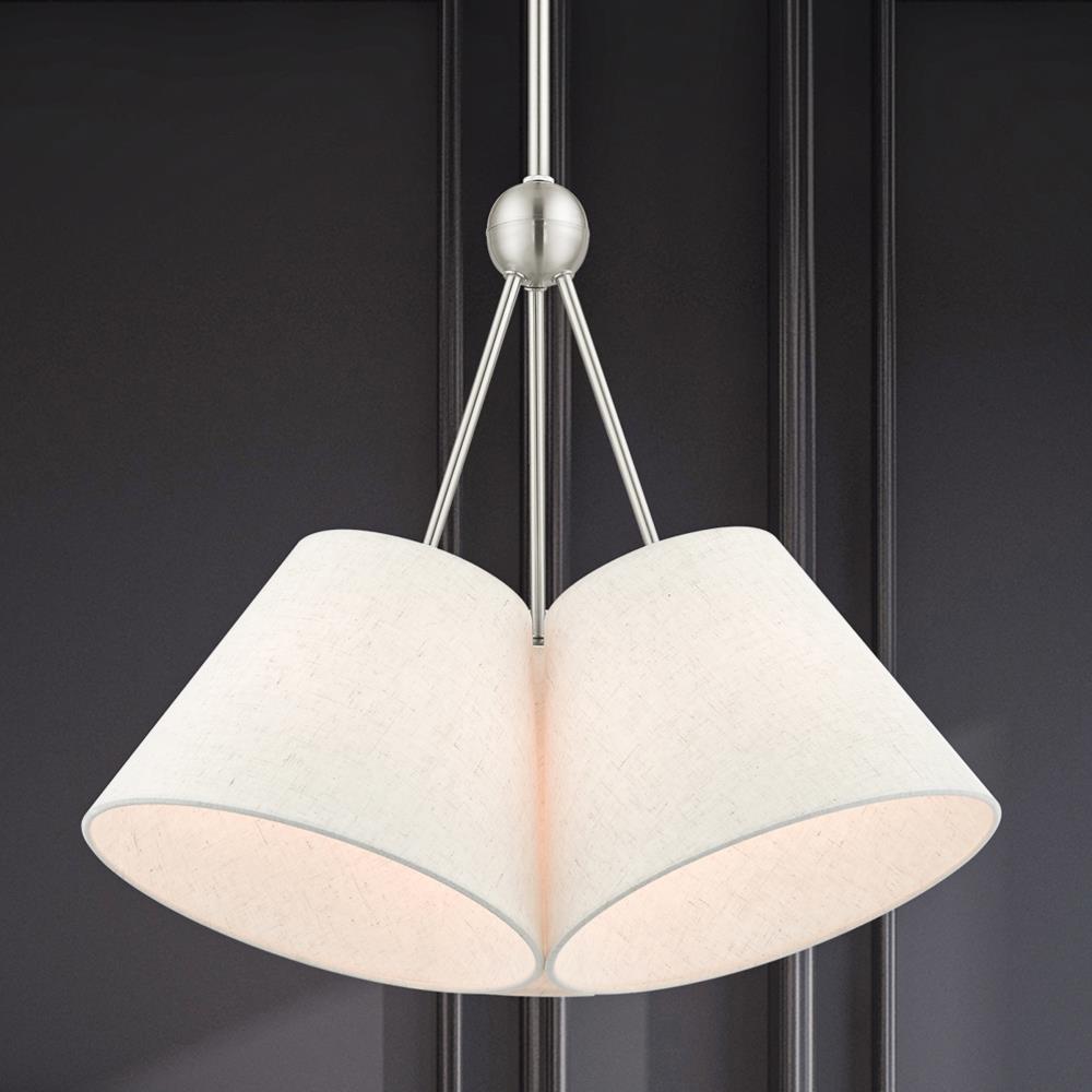 Brushed Nickel and Crystal 3-Light Chandelier with Oatmeal Shade