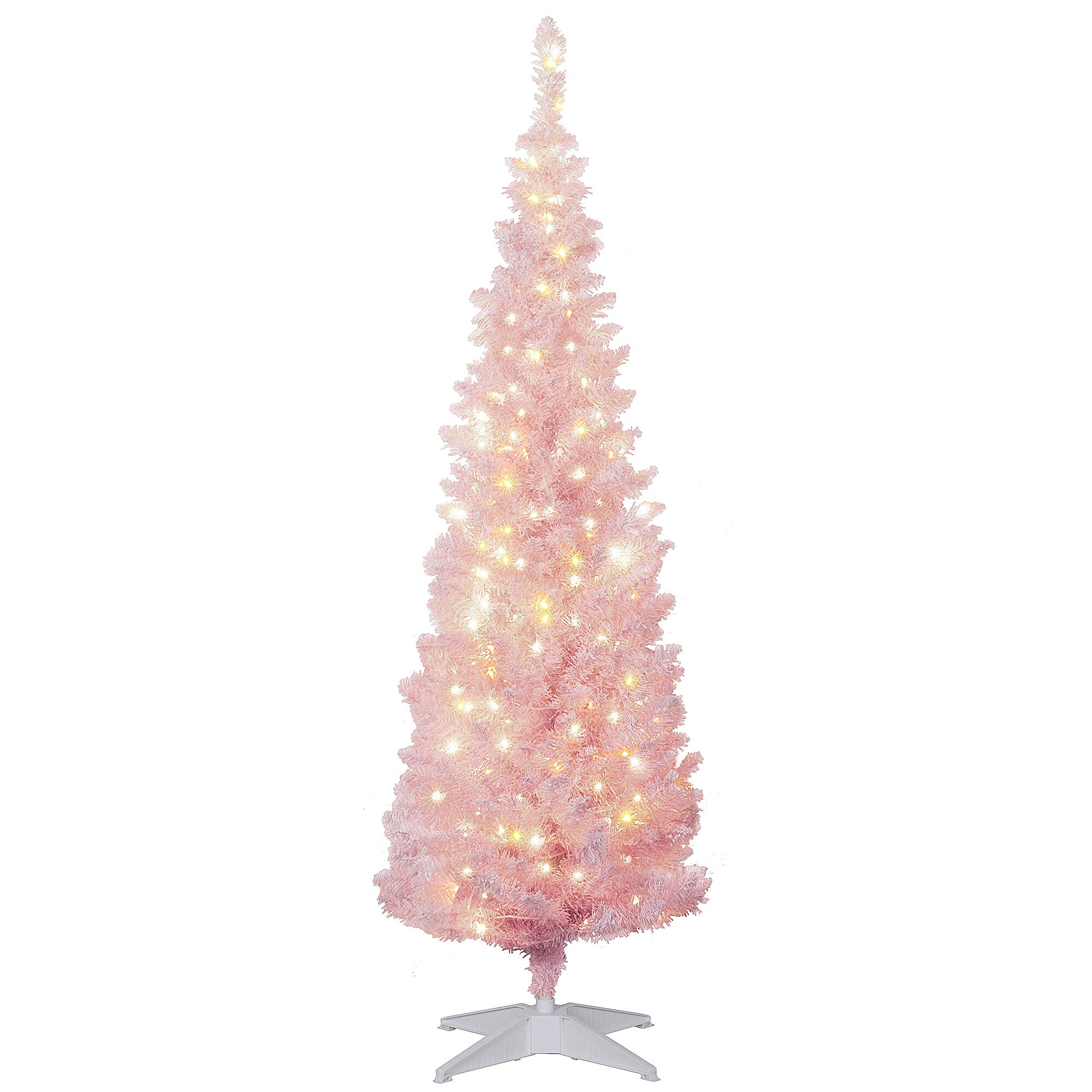 HomCom  5ft Tall Pre-Lit Slim Noble Fir Artificial Pencil Christmas Tree with 160 Warm White LED Lights and 294 Tips for Christmas Decoration Pink with Snow-flocked