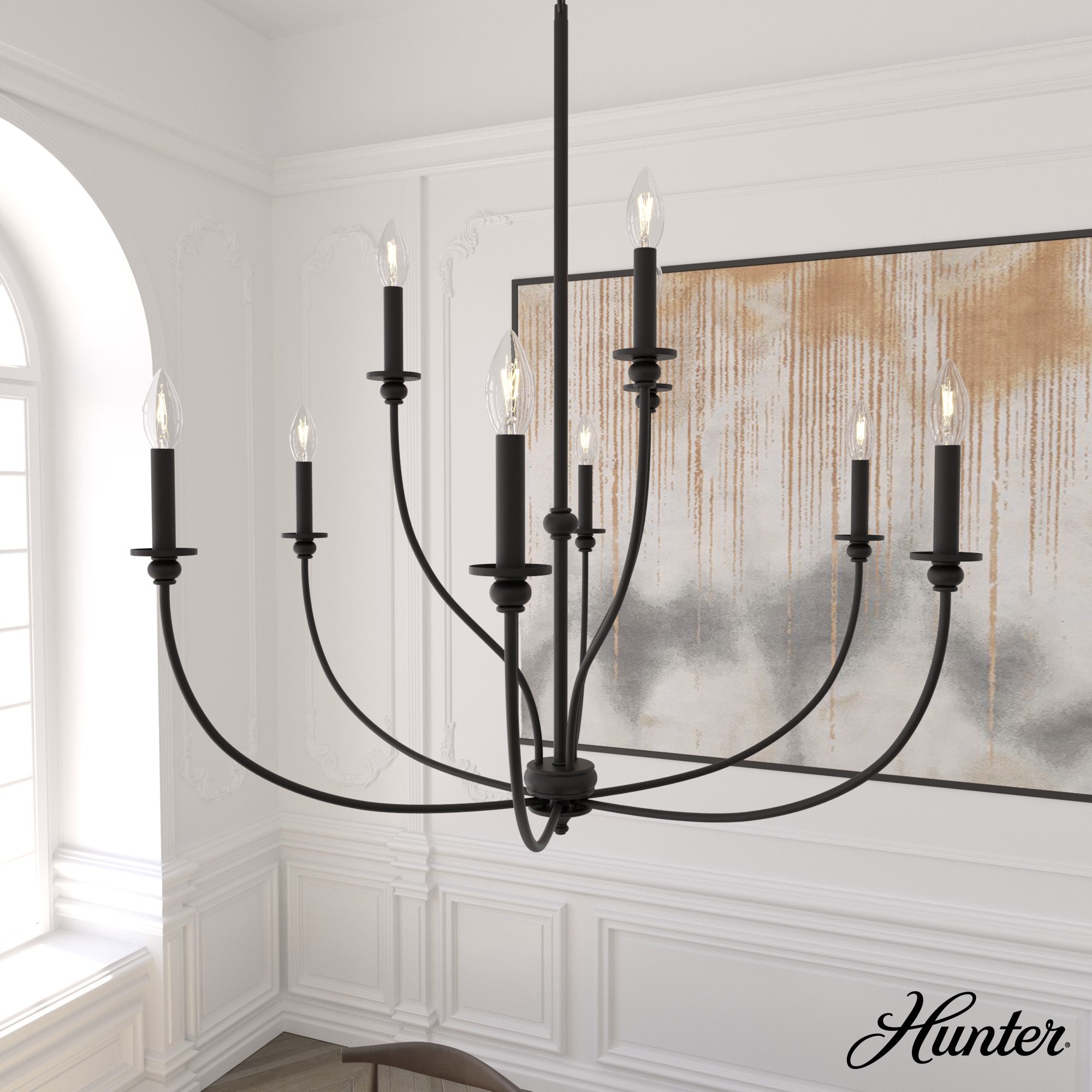 Hunter 19632 Southcrest 9 -Light Matte Black Transitional For Use in Bedrooms, Dining Rooms, Foyers, Kitchens, Living Rooms Chandelier