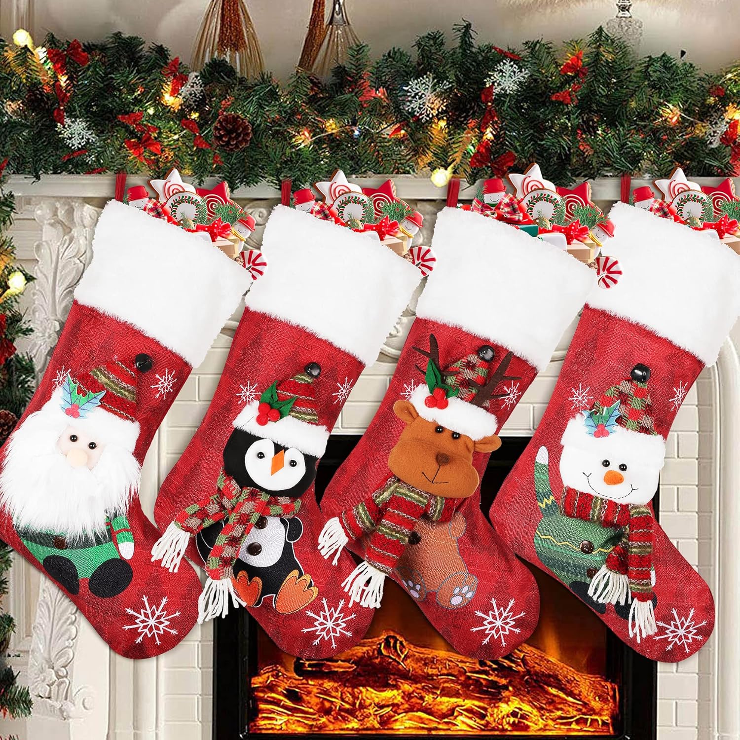 Etokfoks  4 Pack 18.7 Inch Christmas Stockings Burlap Plush Nonwoven with 3D Santa Snowman Reindeer Penguin for Fireplace Stairs Decor