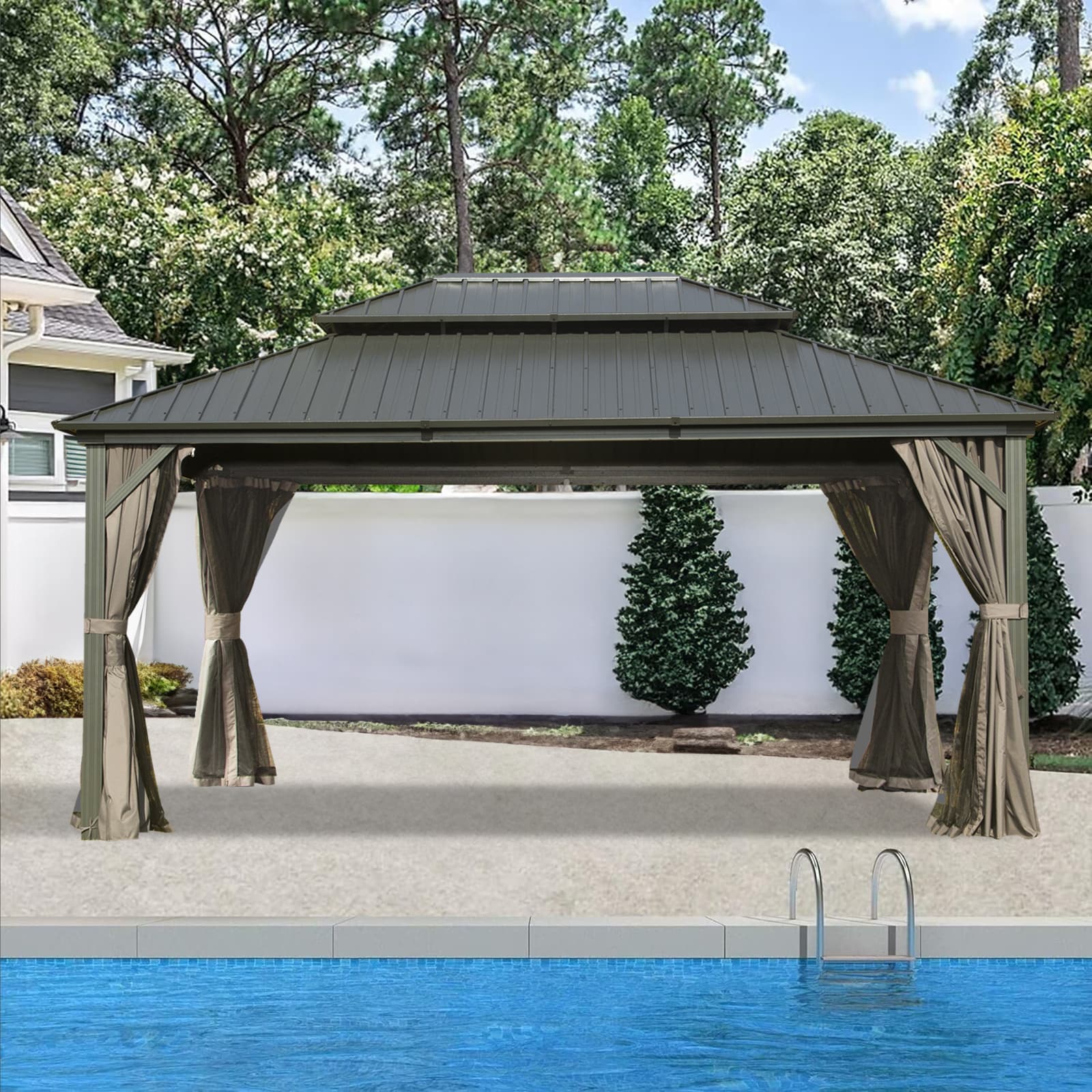 16x12 Gray Aluminum Hardtop Gazebo with Curtains and Netting