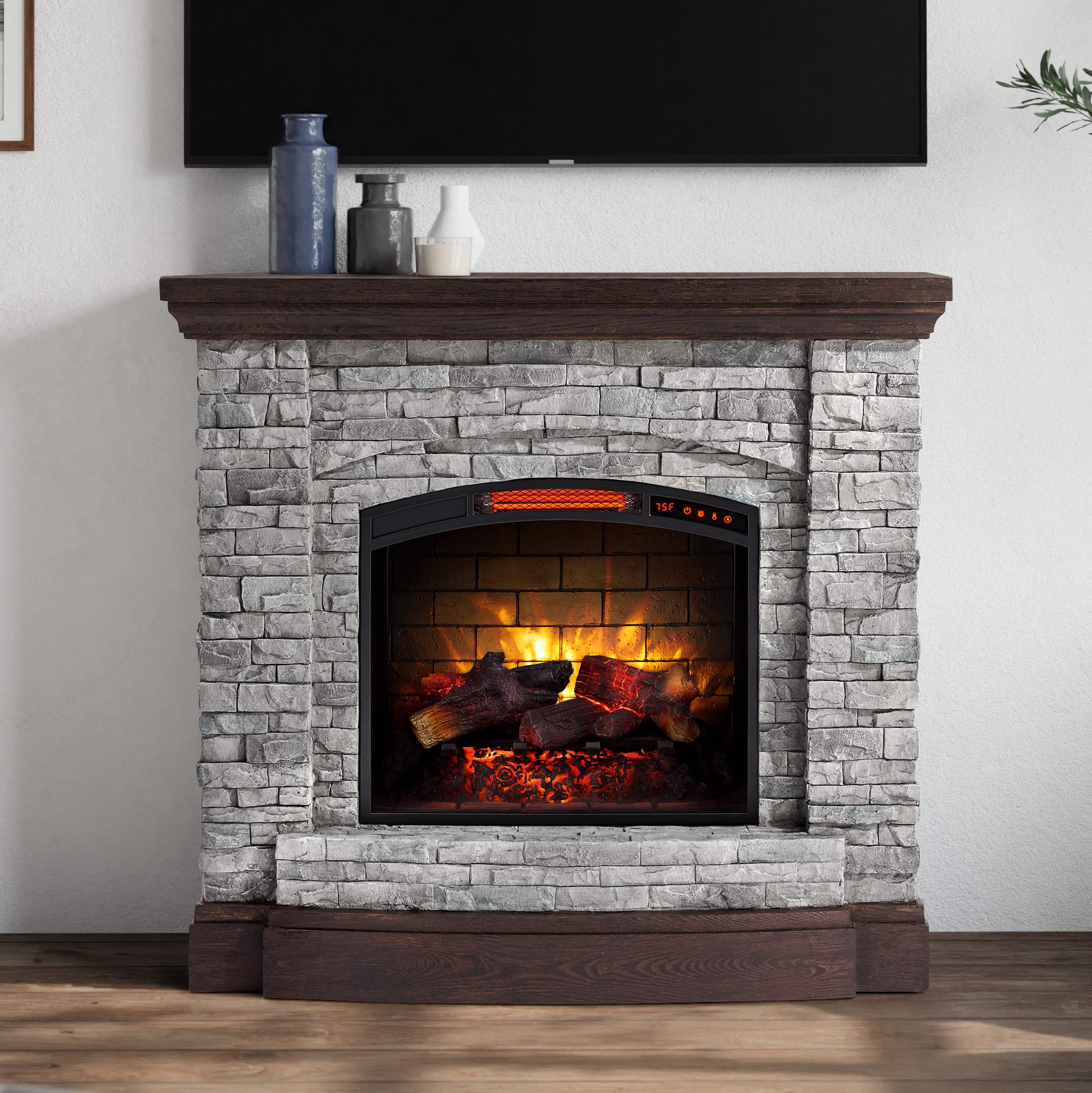 44.5-in W Gray Faux Stacked Stone with Cocoa Infrared Quartz Electric Fireplace in Brown | - allen + roth 2406FM-23-933