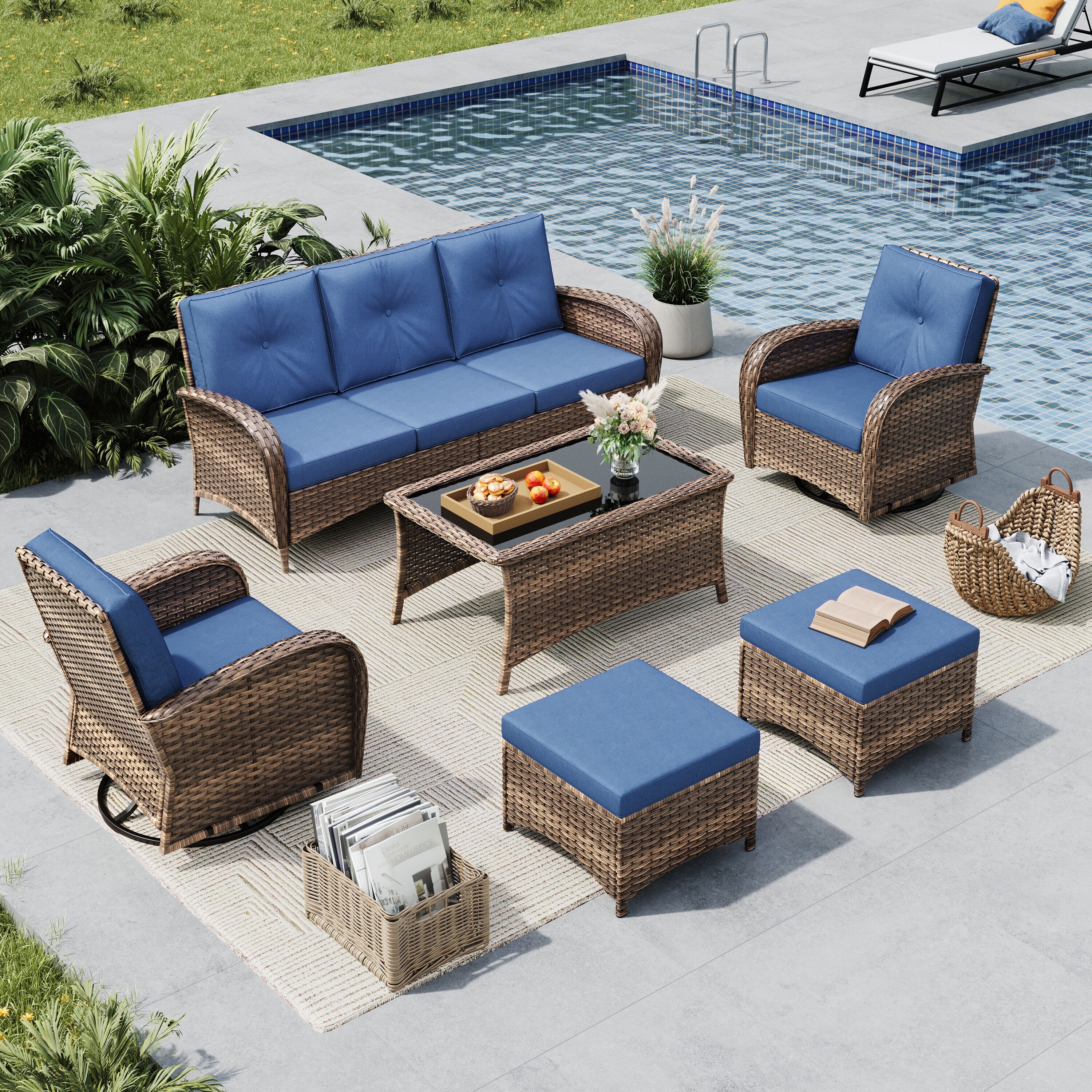 Sunshine Valley CR005-02-7-RD Patio Conversation Sets 6 -Piece Wicker Patio Sofa Conversation Set with Navy CUSHION PRO Cushions