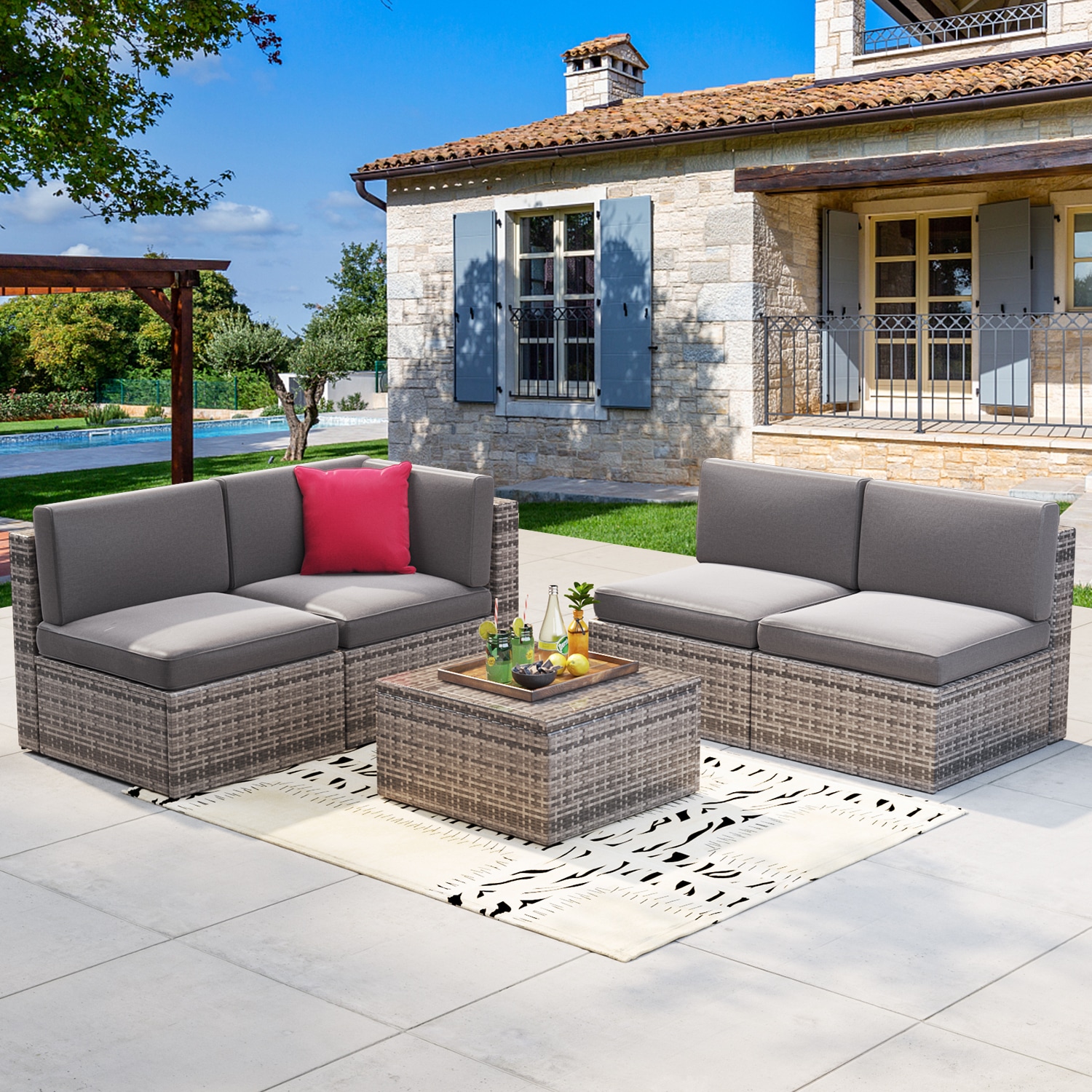 AOXUN LS-035GRAC-5 5 -Piece Rattan Patio Sofa Conversation Set with Gray Cushions