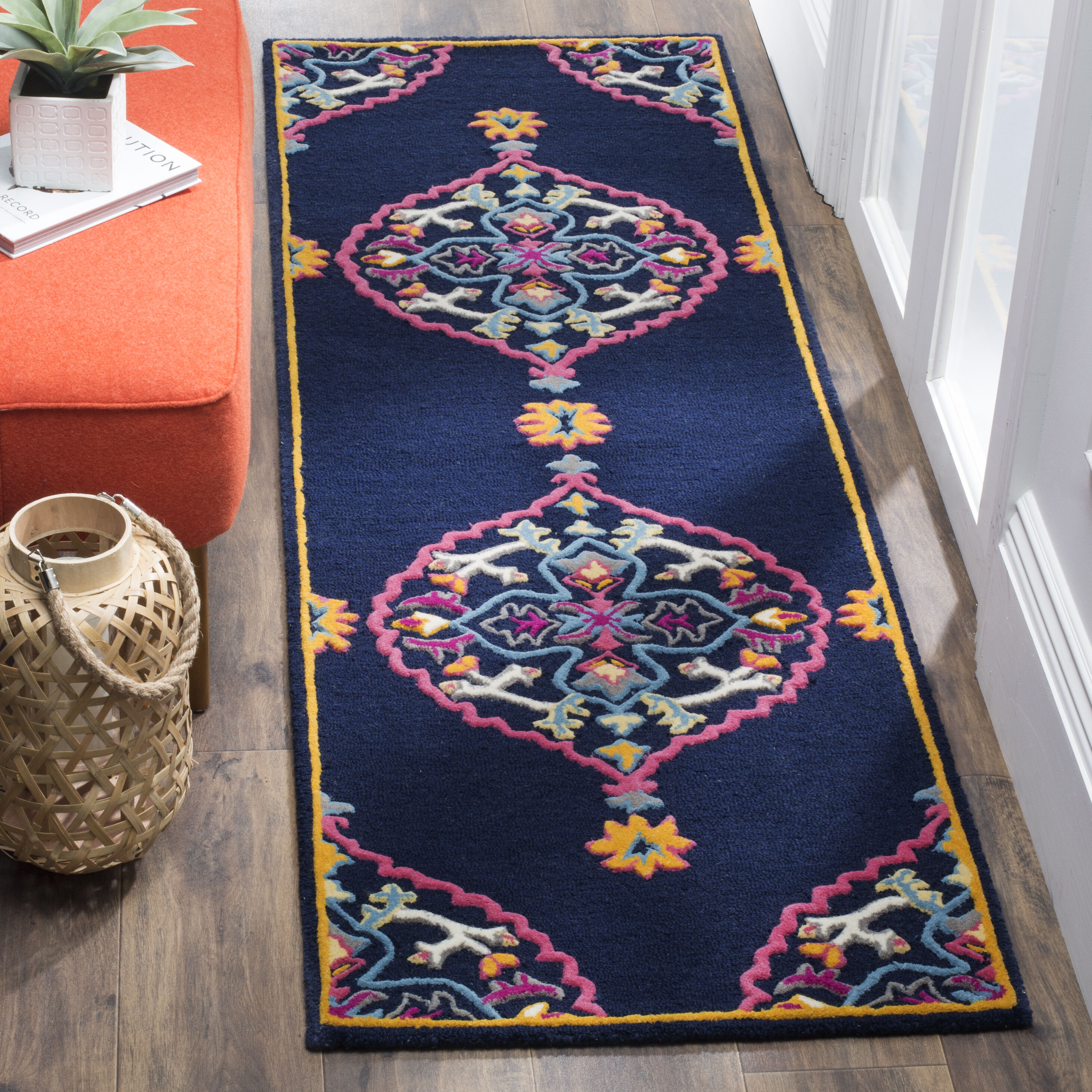 Handmade Navy Blue Multi Wool Tufted Area Rug, 2'3" x 7'