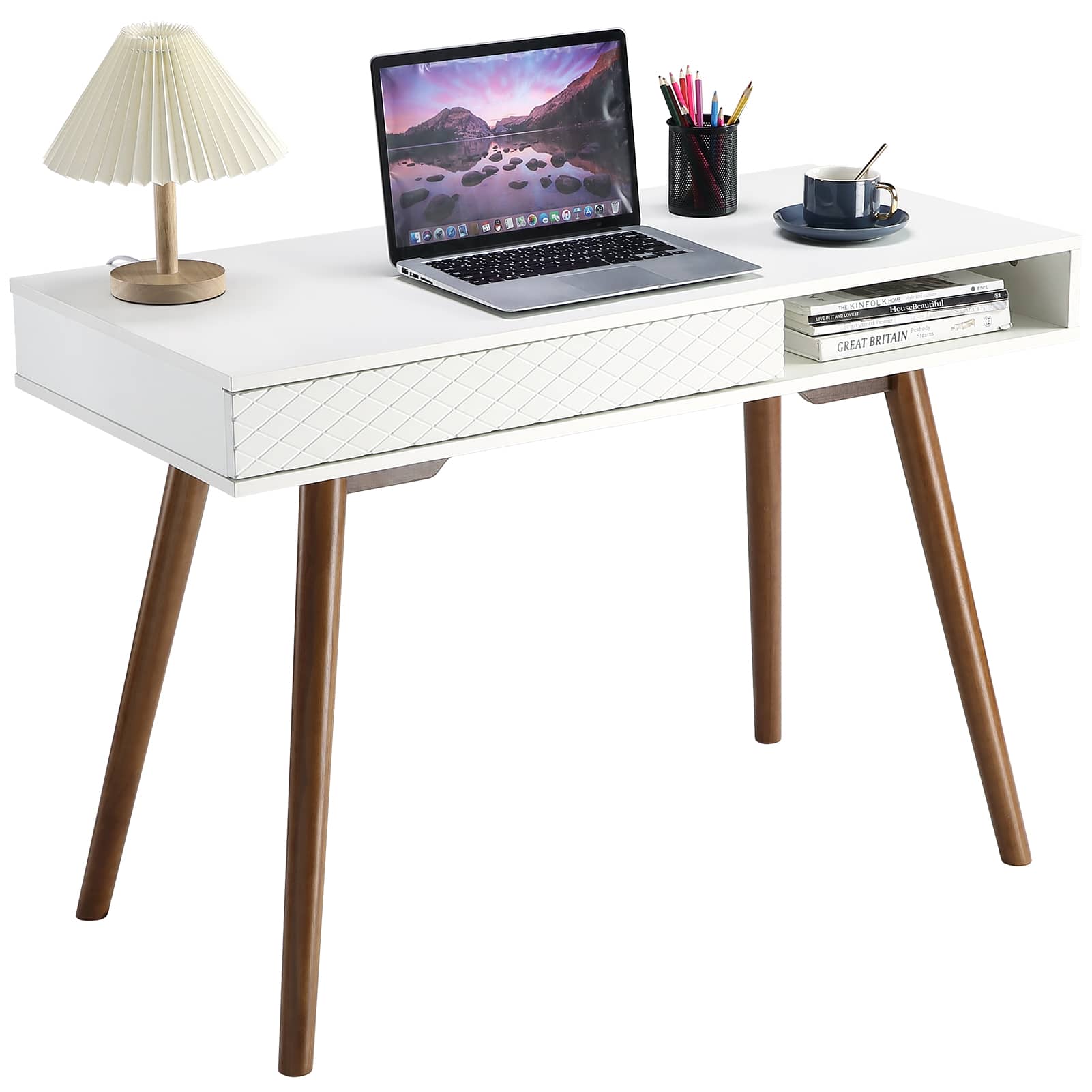 Qeetex JXNAG-PHO-0Z36W523 Modern Home Office Writing Desk 42 Inch Computer Table Desk with Drawers Simple Mid Century Modern Desk-White