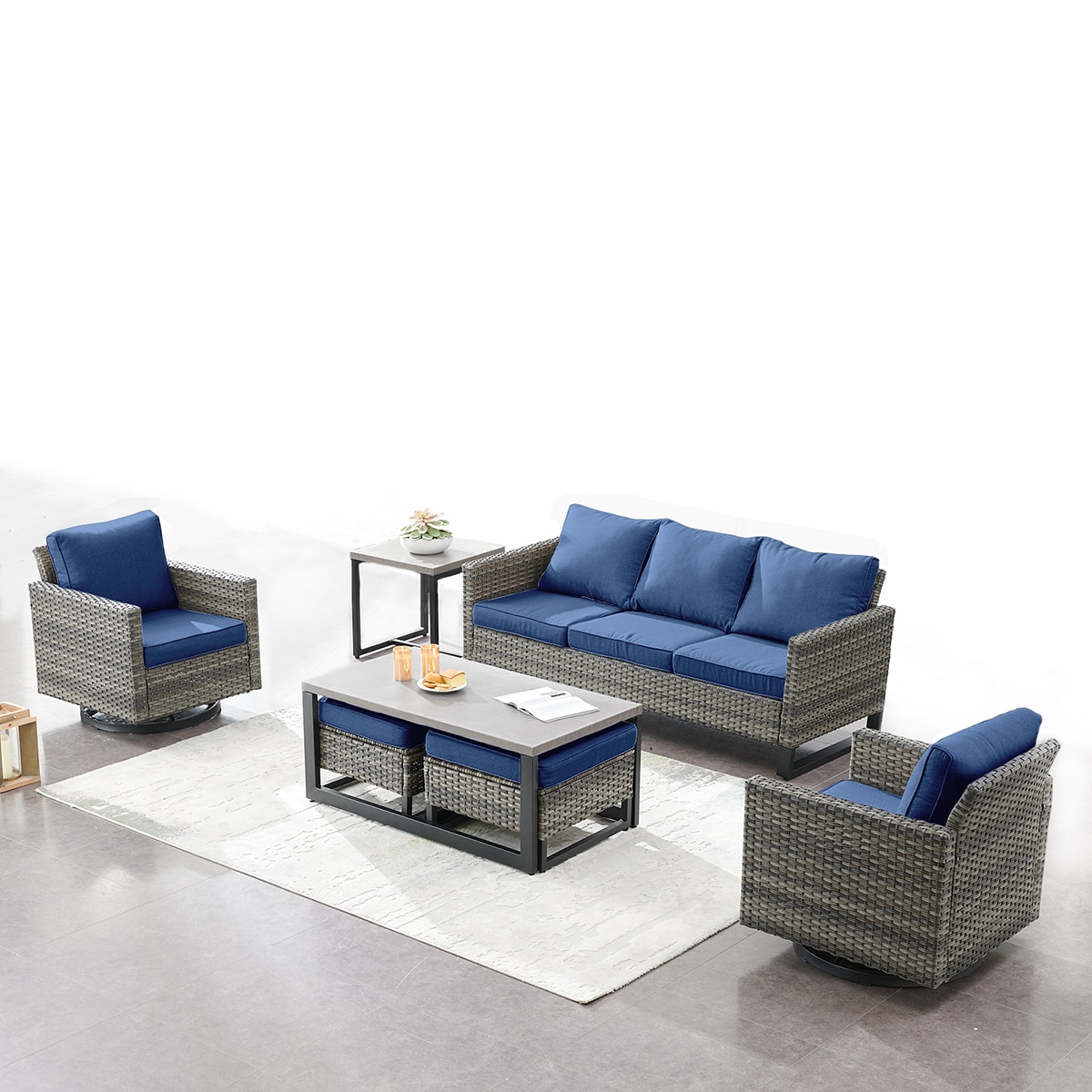 Rilyson FS062069065070-1 7 -Piece Wicker Patio Sofa Conversation Set with Blue Cushions