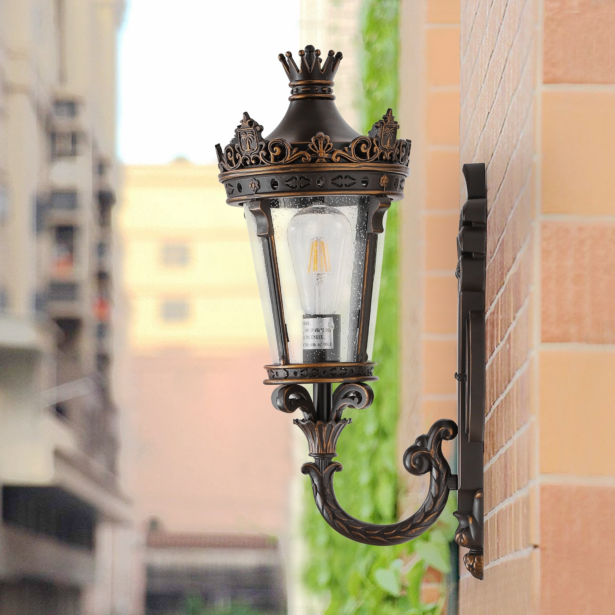 HyperDrop Cart 21-in Vintage Crown Metal Outdoor Wall Lantern Waterproof Exterior Wall Sconce Decorative Crown Top Clear Glass for Patio