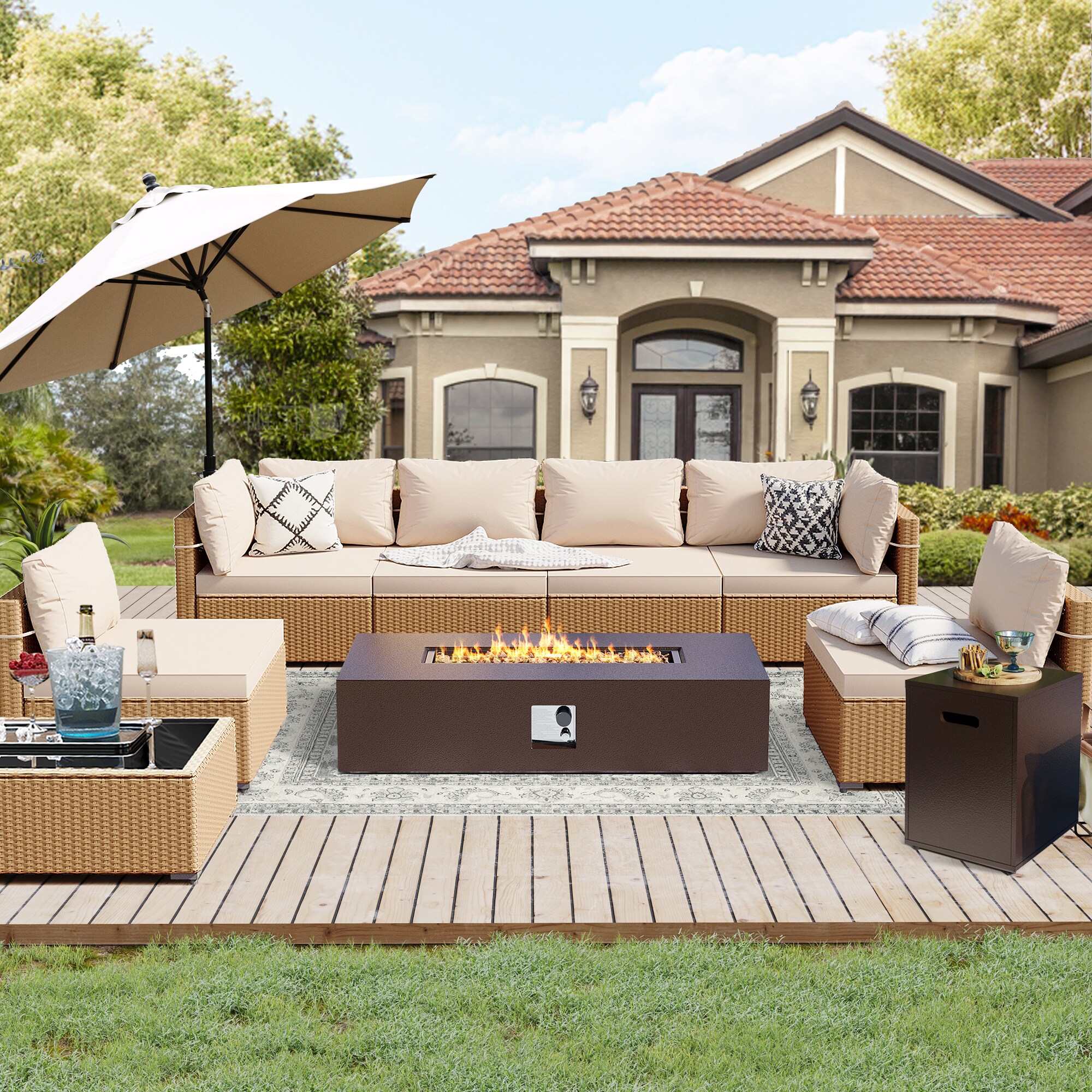 UPHA PL-2CZ-56TPBR-H1 9-Pieces Beige Wicker Patio Furniture Set With 56 in. Rectangular Iron Outdoor Dark Brown Fire Pit Table, Conversation Set with Beige Cushions 9 -Piece Wicker 4 Patio Sofa Conversation Set with Beige Cushions