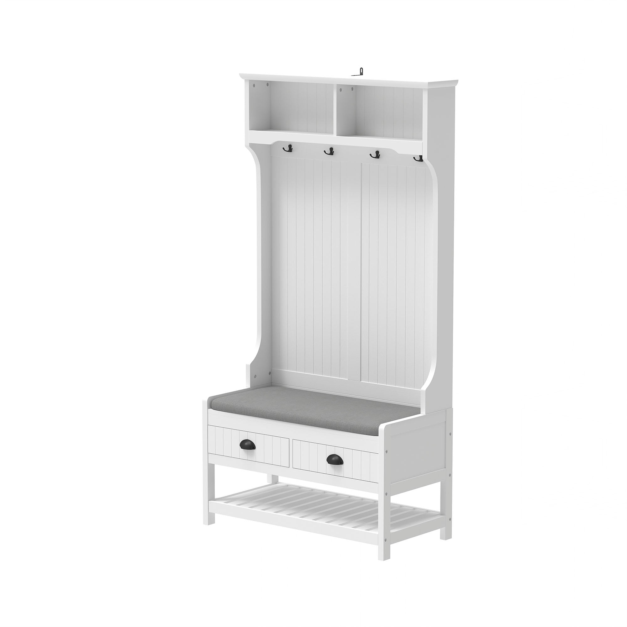 Boyel Living BL-WA55394 White 3-in-1 Wooden Entryway Shoe Rack Bench with 2 Storage Drawer and 4 Coat Rack