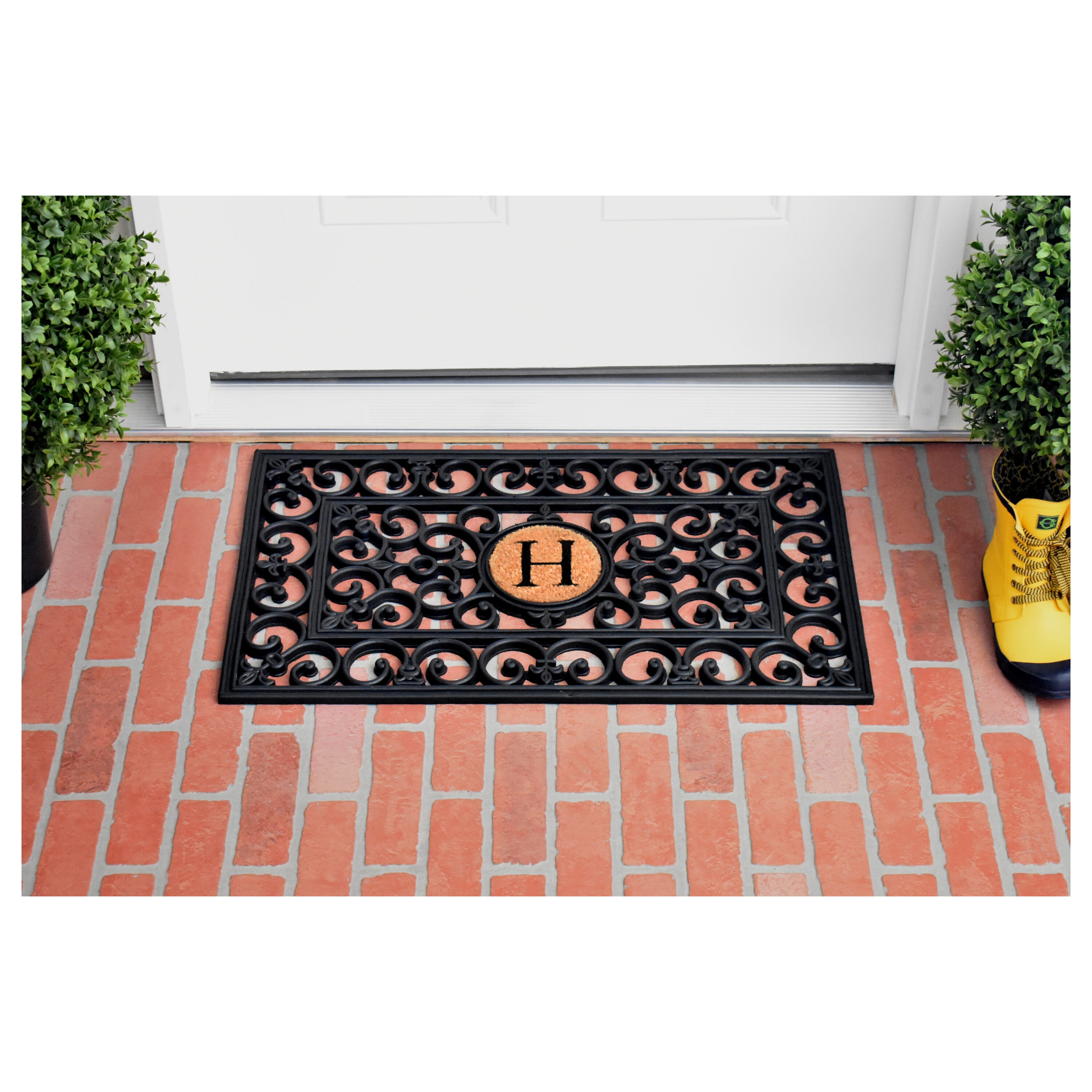 Elegant Monogram 'H' Rubber Doormat 18" x 30" with Coir Insert