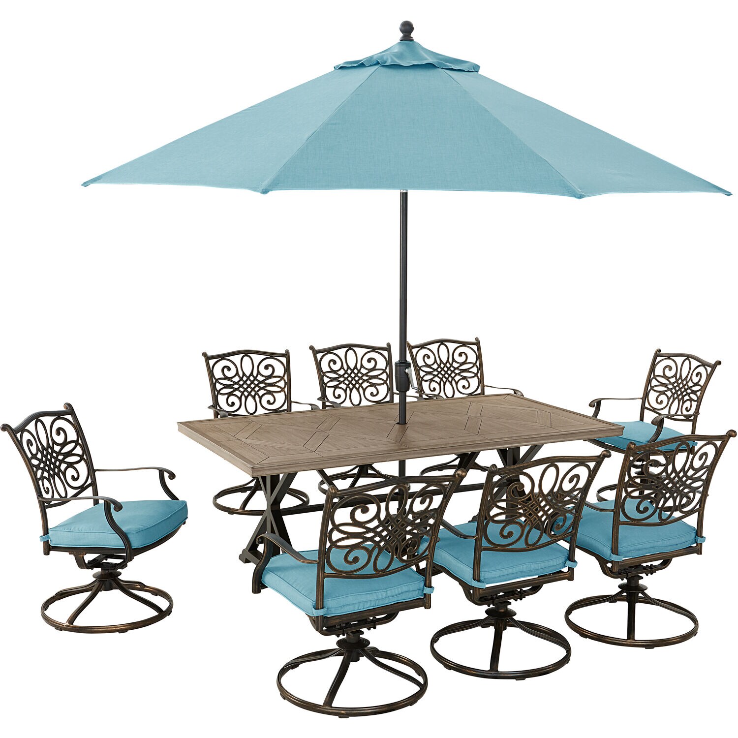 Hanover TRADDN9PTFSW8-SU-B Traditions 9-Piece Set in Blue with 8 Swivel Rockers, 42 in x 80 in Tile-Top Farmhouse Table, Umbrella and Stand