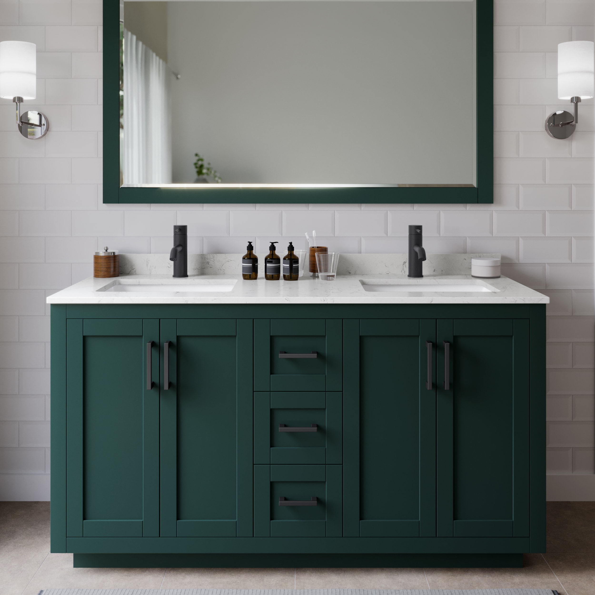 Wyndham Collection WCF292960DGKC2UNSMXX Miranda 60-in Green with Matte Black Trim Undermount Double sink Bathroom Vanity with Carrara Cultured Marble Cultured marble Top