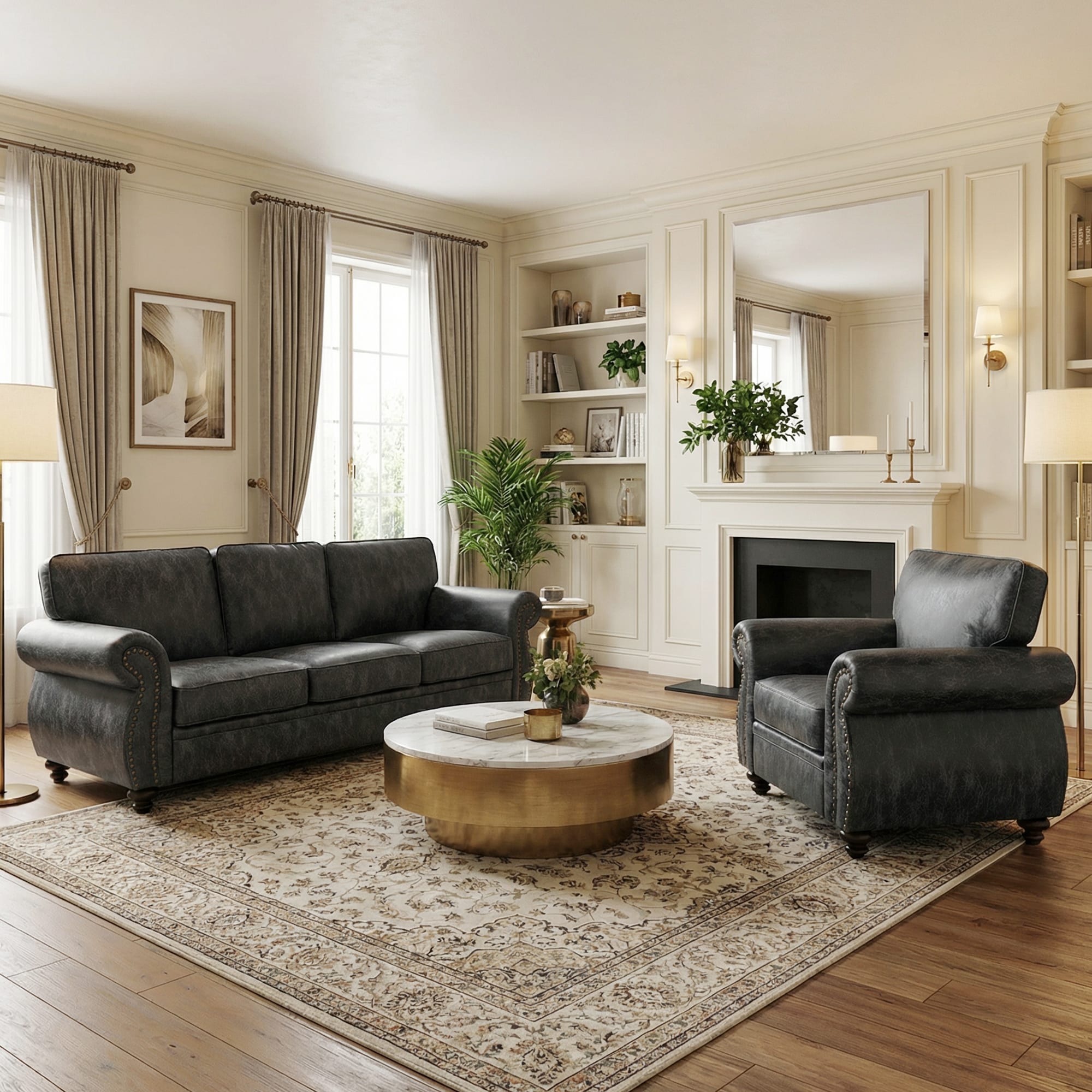 Czpalo - Mid-Century Vintage 2-Piece Living Room Furniture Set(Accent chair+3-Seater Sofa)-Gray