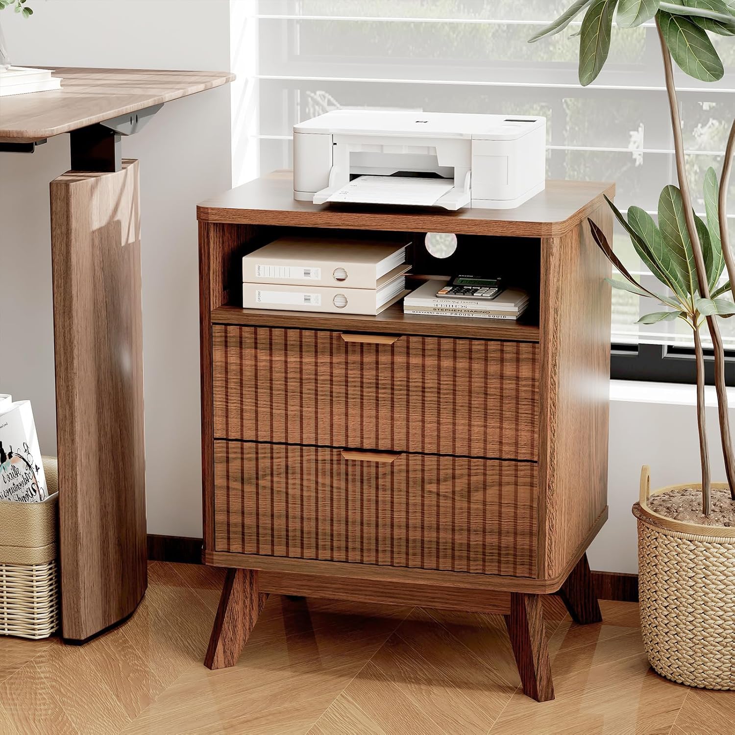 Garvee - Modern Fluted Night Stand Wood Nightstand with USB Ports and Outlets 2 Drawers and Open ...
