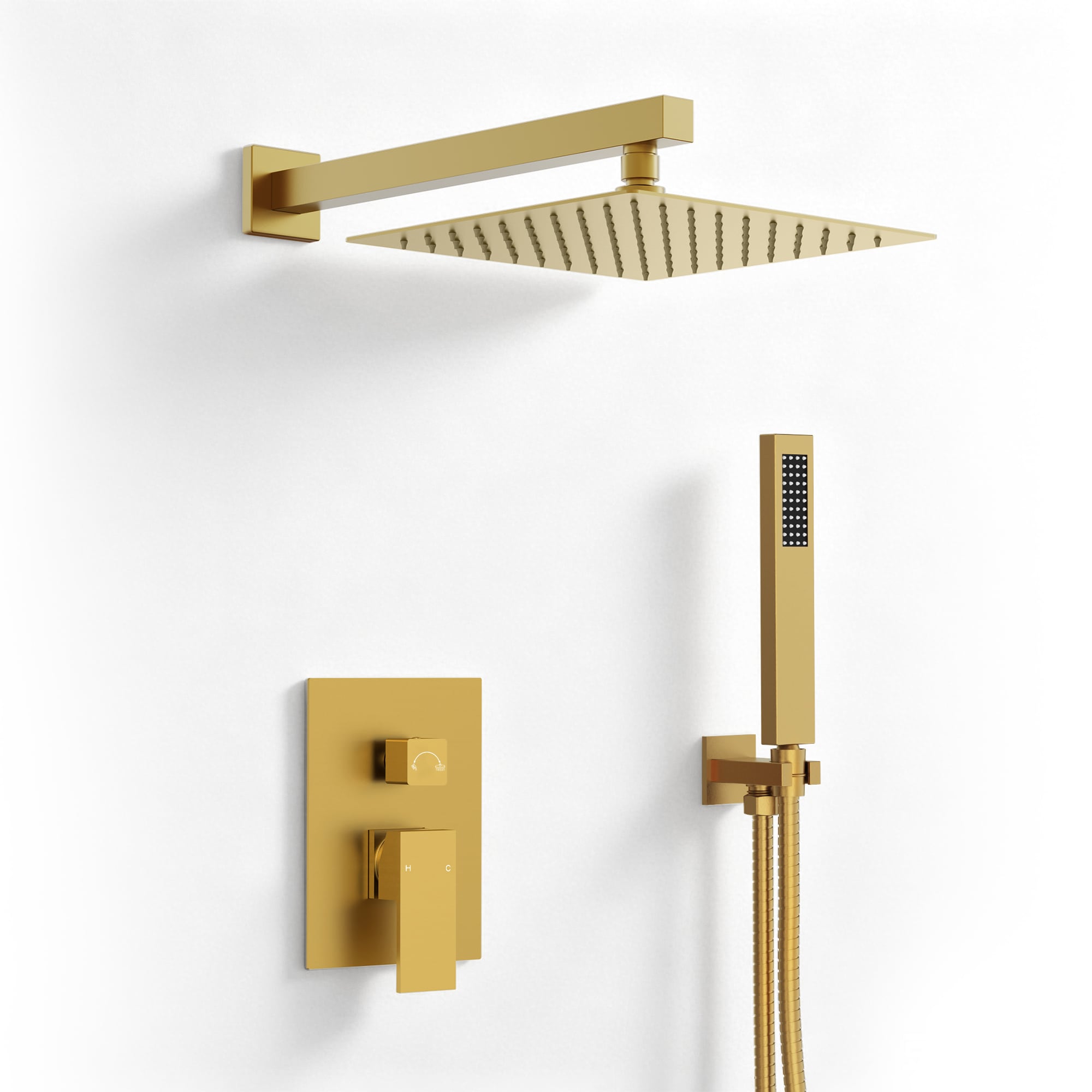 YAWWALK  Brushed Gold Shower Faucet Set 2-in-1 Wall Mount Rainfall Shower System with 10-Inch Square Showerhead Handheld Spray and Pressure-Balanced Valve
