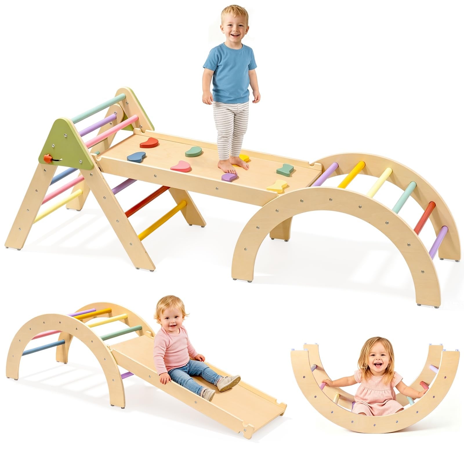 Etokfoks  7 in 1 Foldable Wooden Climbing Set with Slide Arch Ladder Adjustable Height 160 lb 75in x 18in x 31in