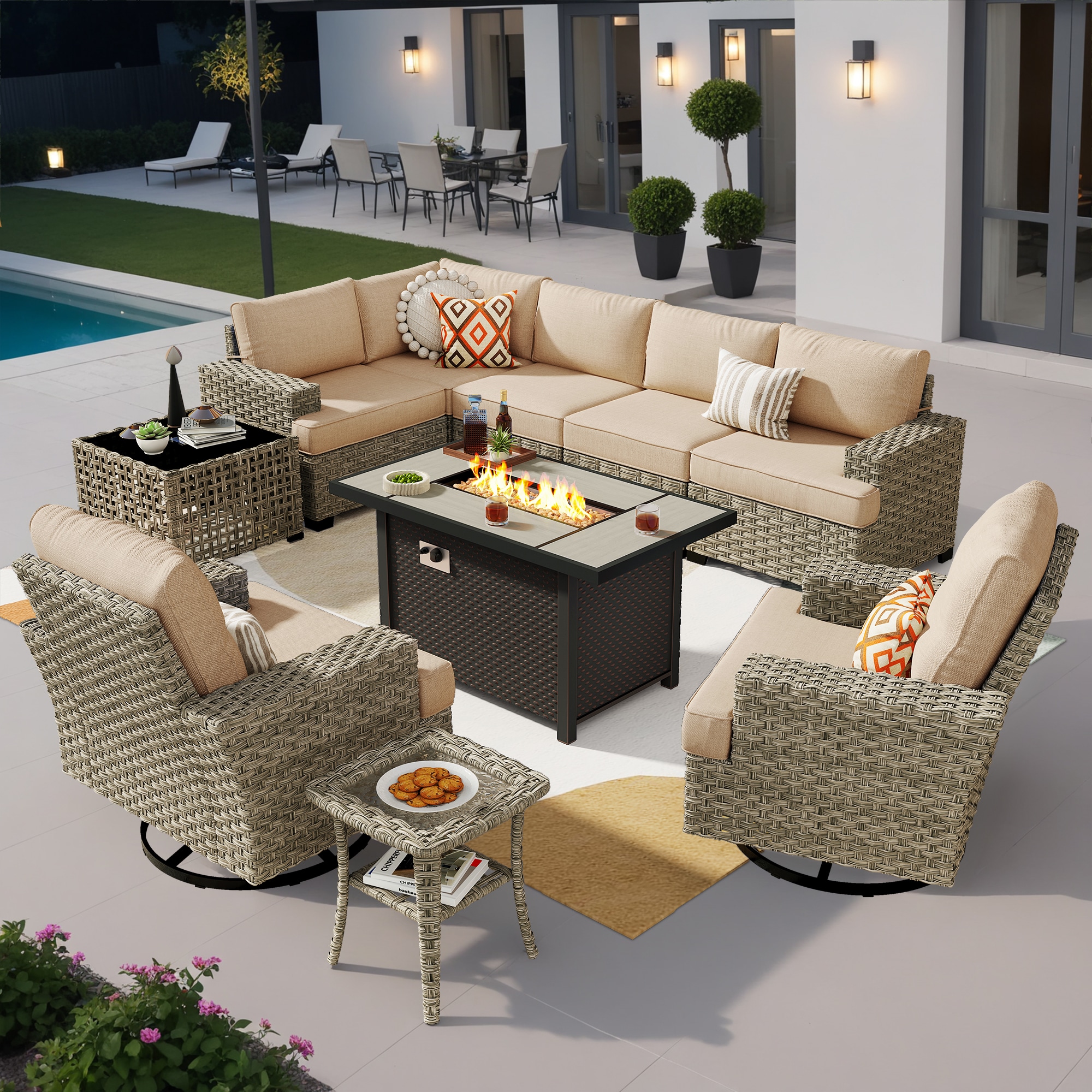 Pouuin SDFPTYZBS609 Wicker Outdoor Sectional with Beige Cushions and Wicker Frame