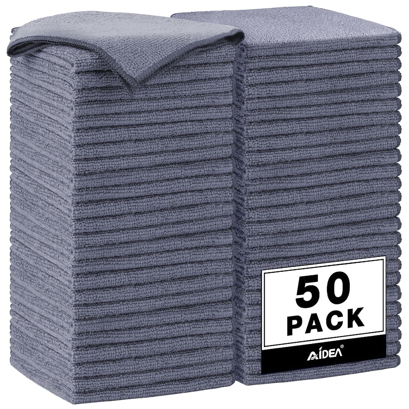 Phyfalip  Microfiber Cleaning Cloths 50 pack Grey 12 x 12 Inch Lint Free Super Absorbent Reusable Towels for Car Kitchen Window and Home Surfaces