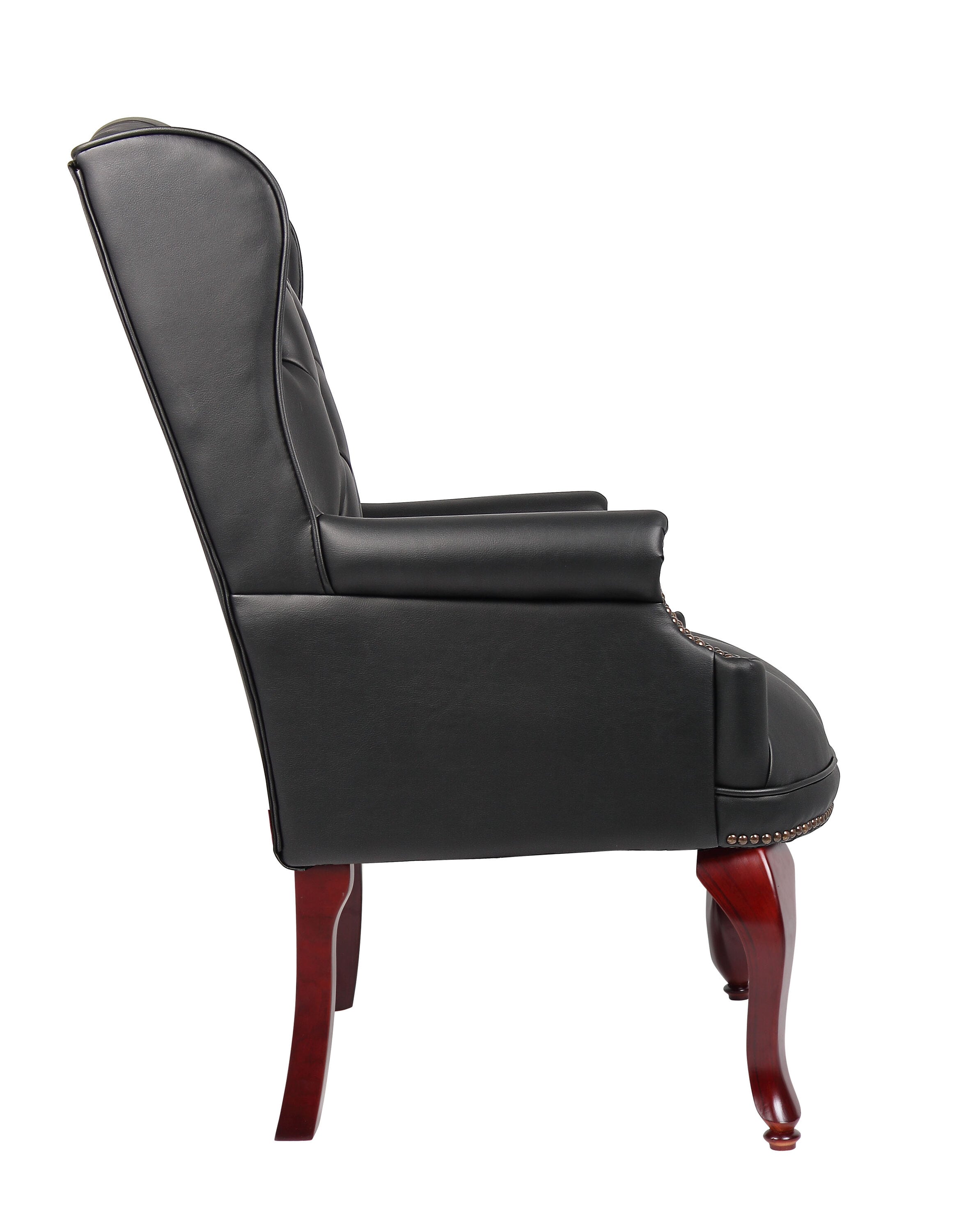 Ergonomic Wingback Vinyl Guest Chair with Mahogany Wood Base - Black
