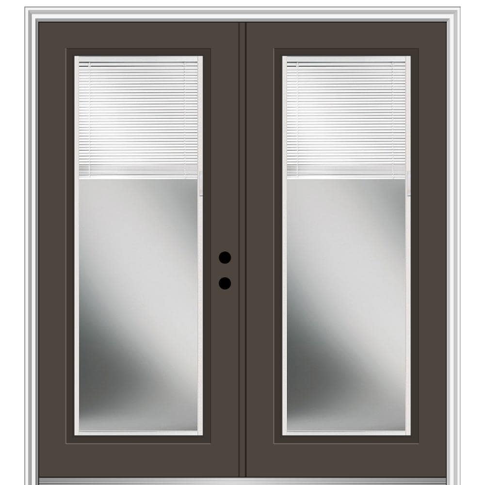 MMI DOOR ZZ04419L 64-in x 80-in x 4-9/16-in Fiberglass Full lite Left-hand inswing Brown Painted Prehung Double Front Door with Brickmould Insulating core with Blinds