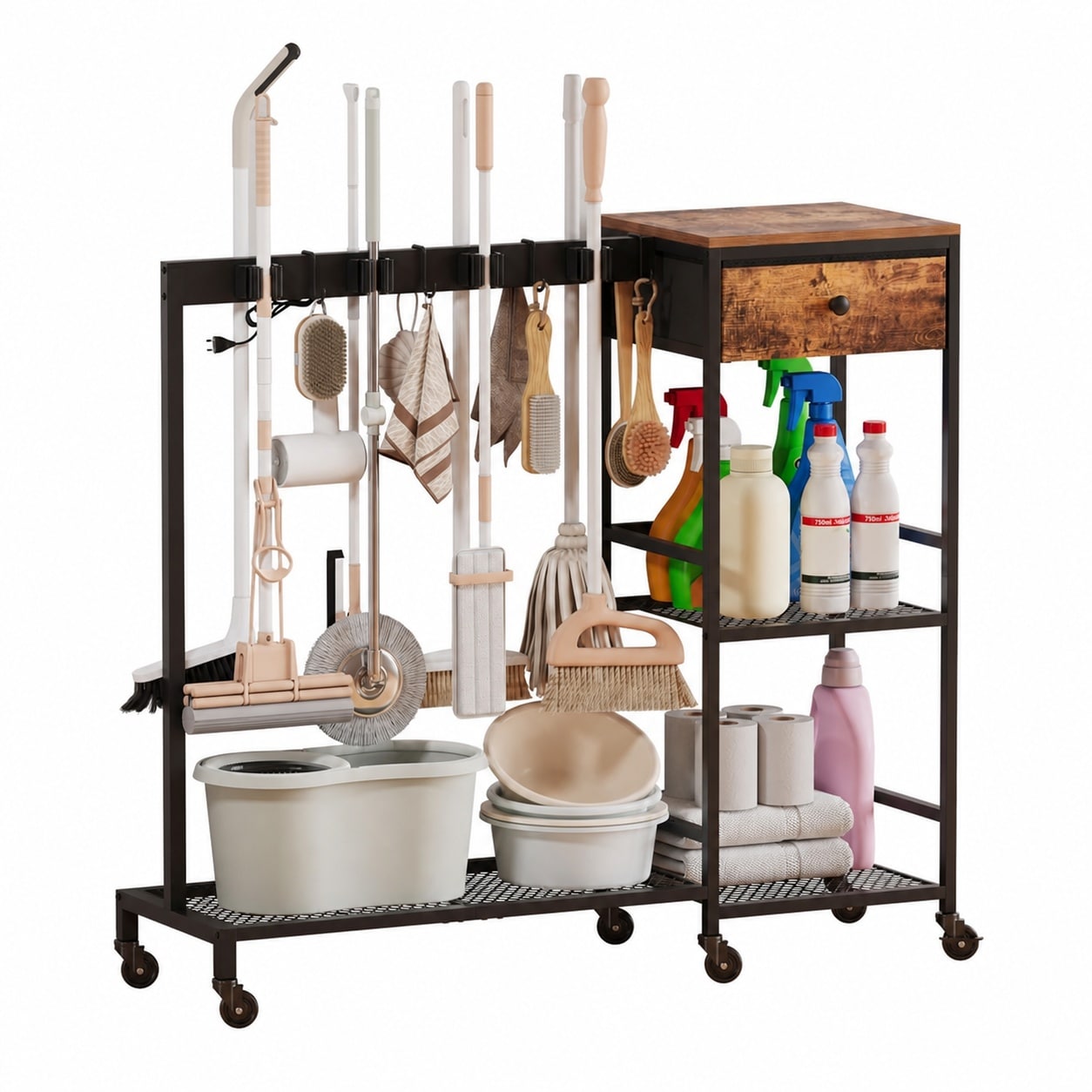 Vrbgify  Cleaning Cart with Wheels Broom Holder Organizer Mop Gripper Rack Hooks Three Tier Shelves Fabric Drawer Heavy Duty Metal for Home