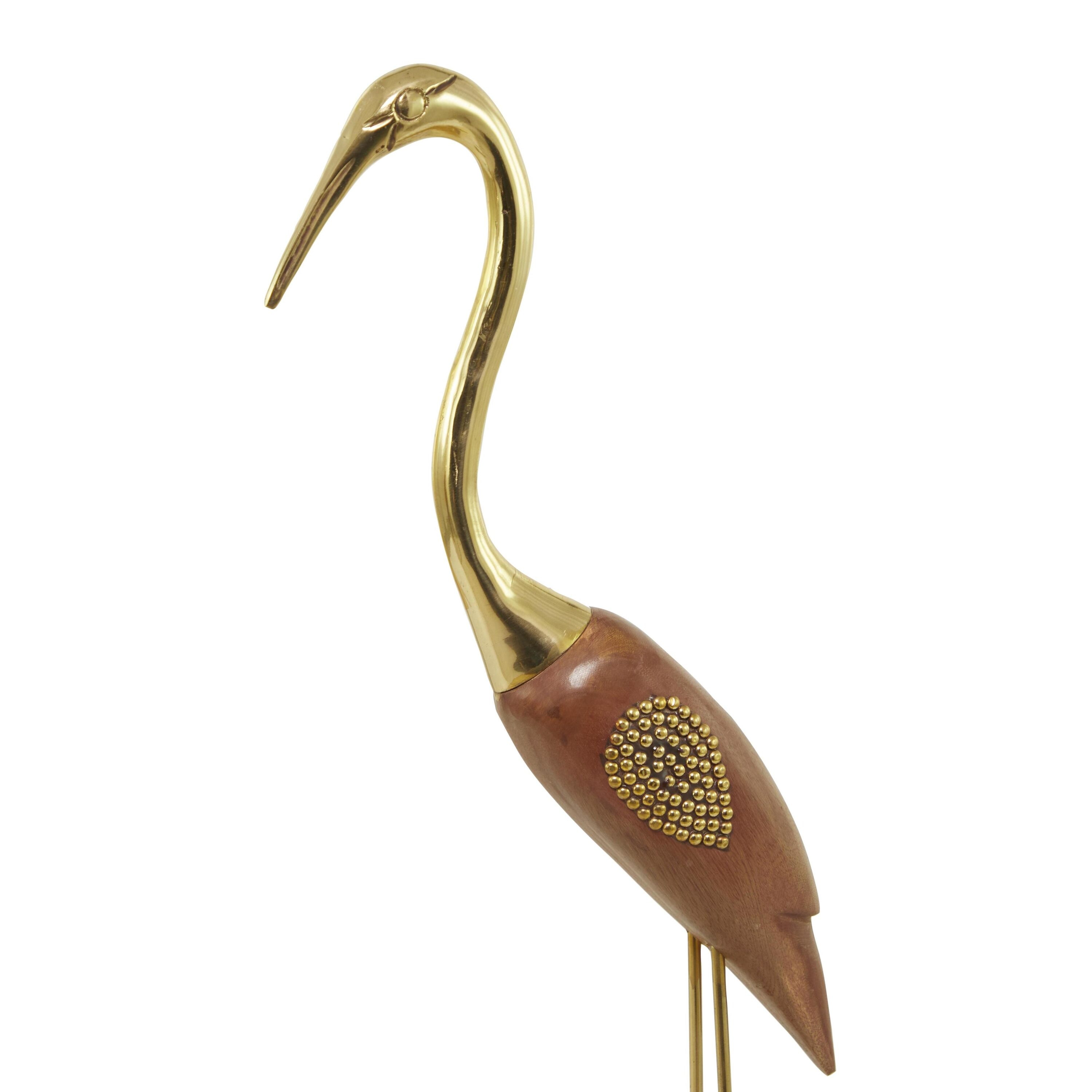 Gold and Wood Standing Egret Sculptures with Beaded Accents, 27"H