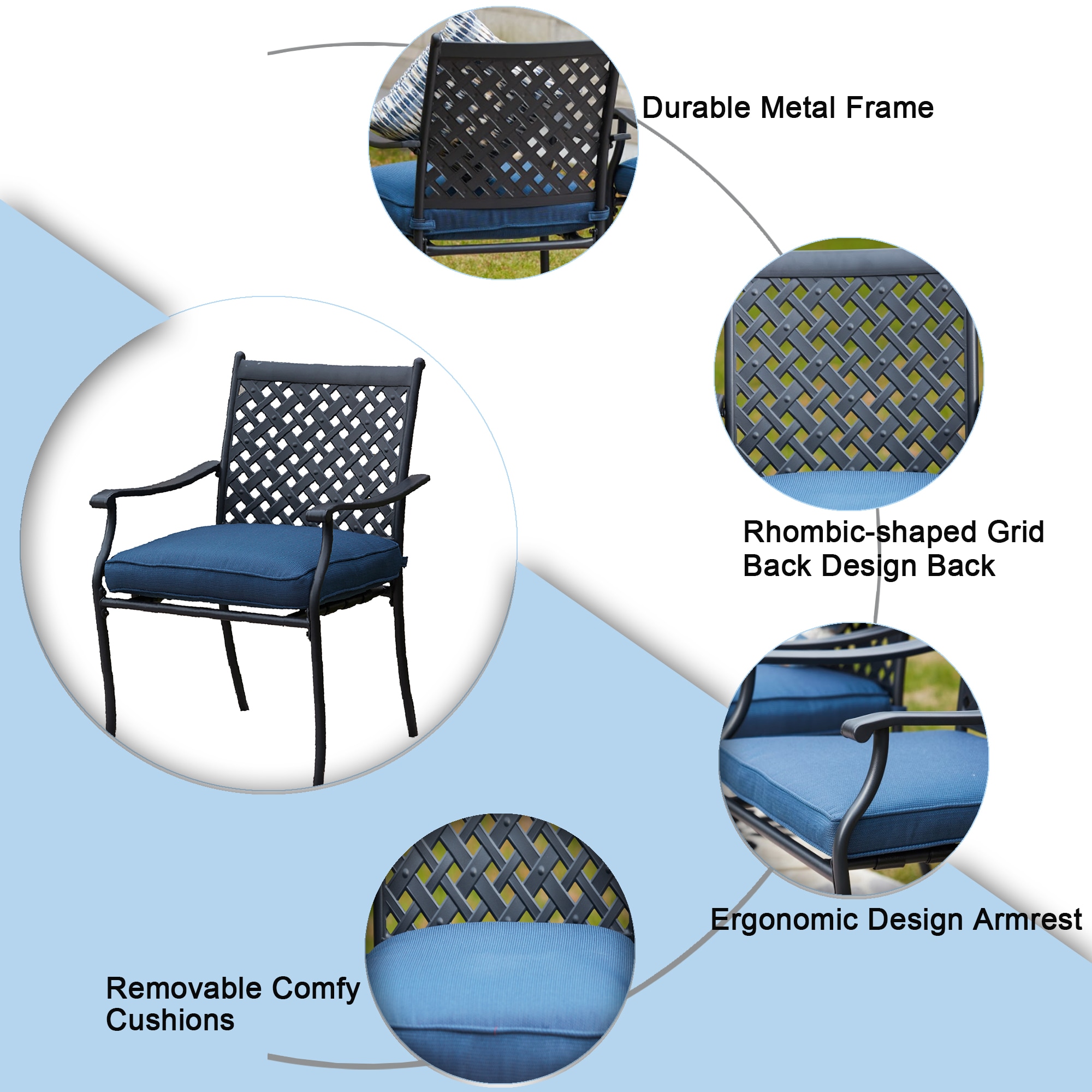 Black Steel Frame Dining Chairs with Blue Cushions, Set of 4