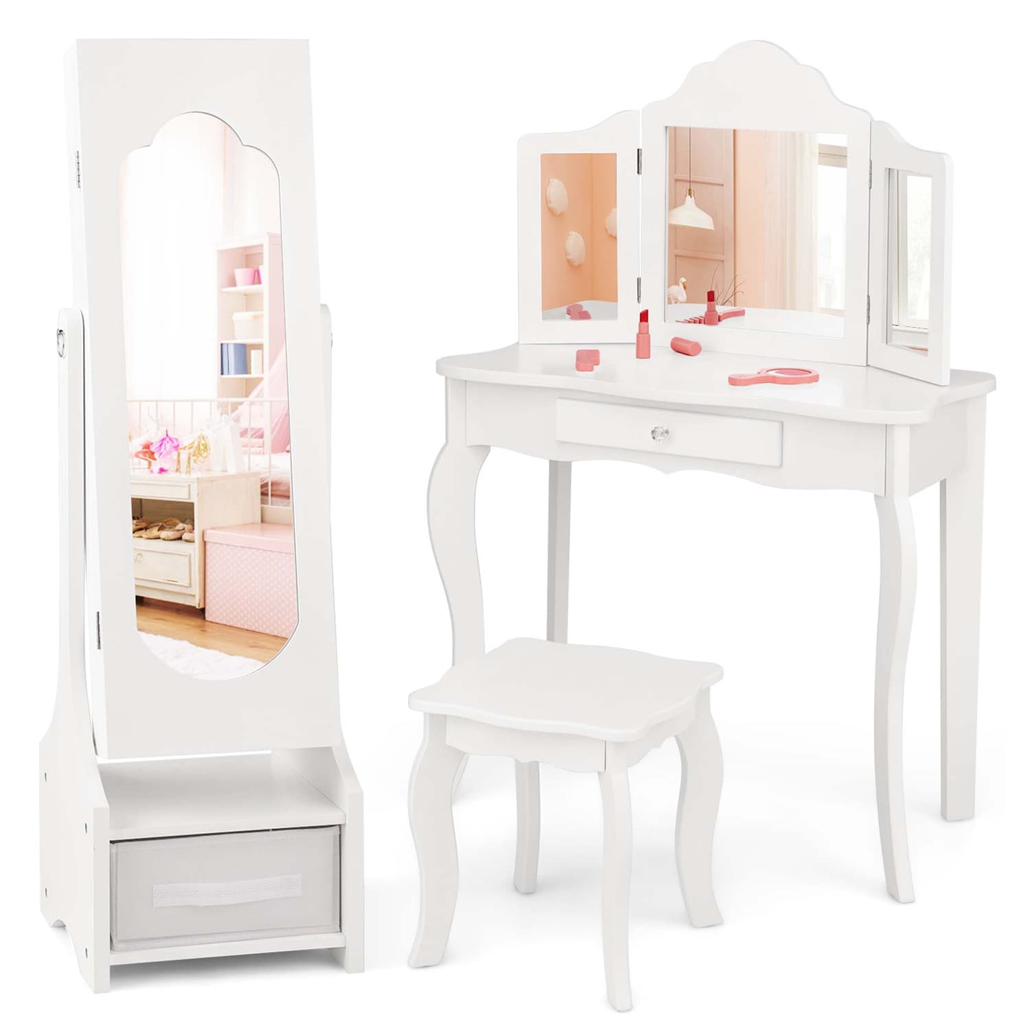 Costway HCST04552 Kids Vanity Set Princess Makeup Dressing Table and Chair Set with Jewelry Armoire White