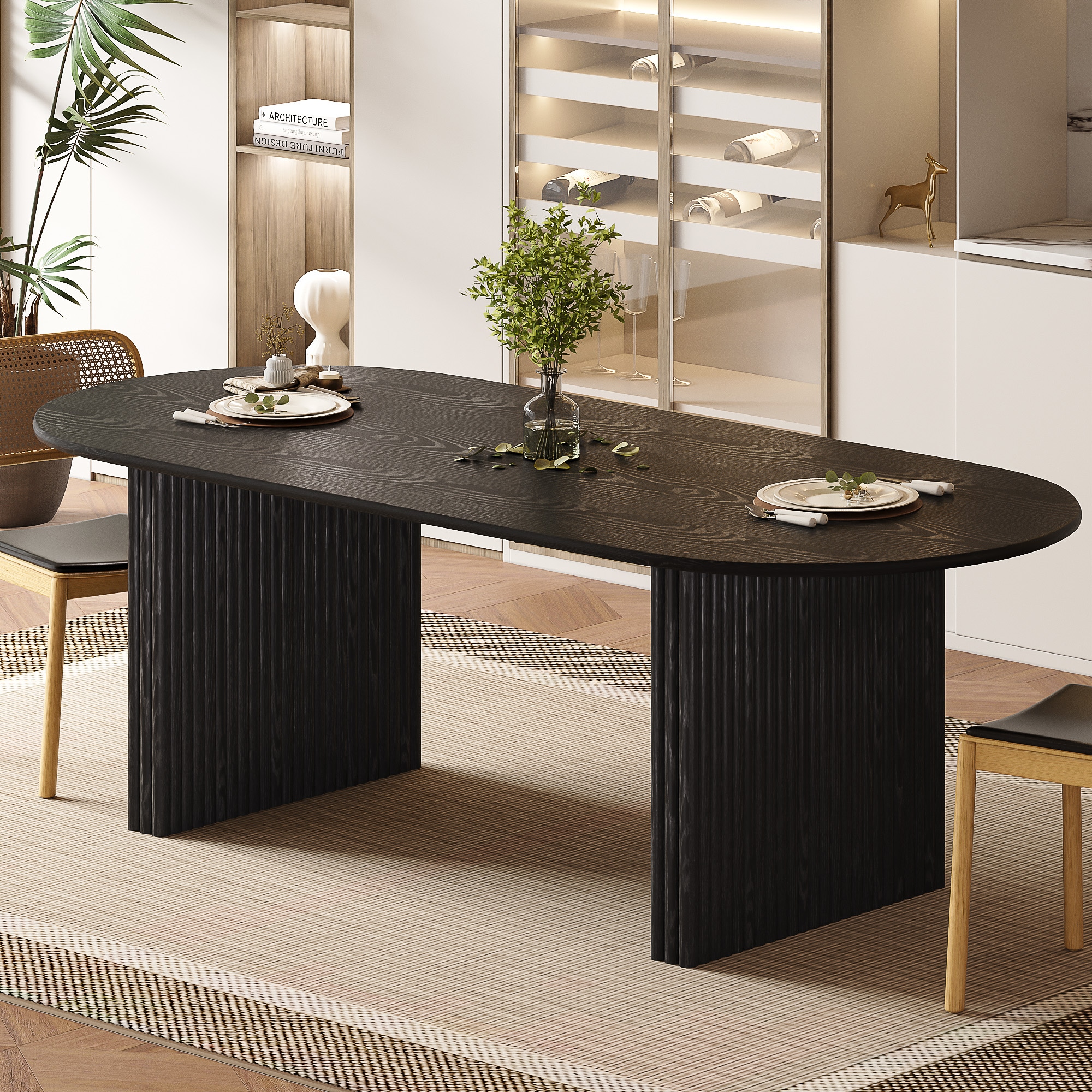 Dovelina LS0102-092509 Solid Wood Modern Dining Table Kitchen Table with Double Pedestal for 8 People