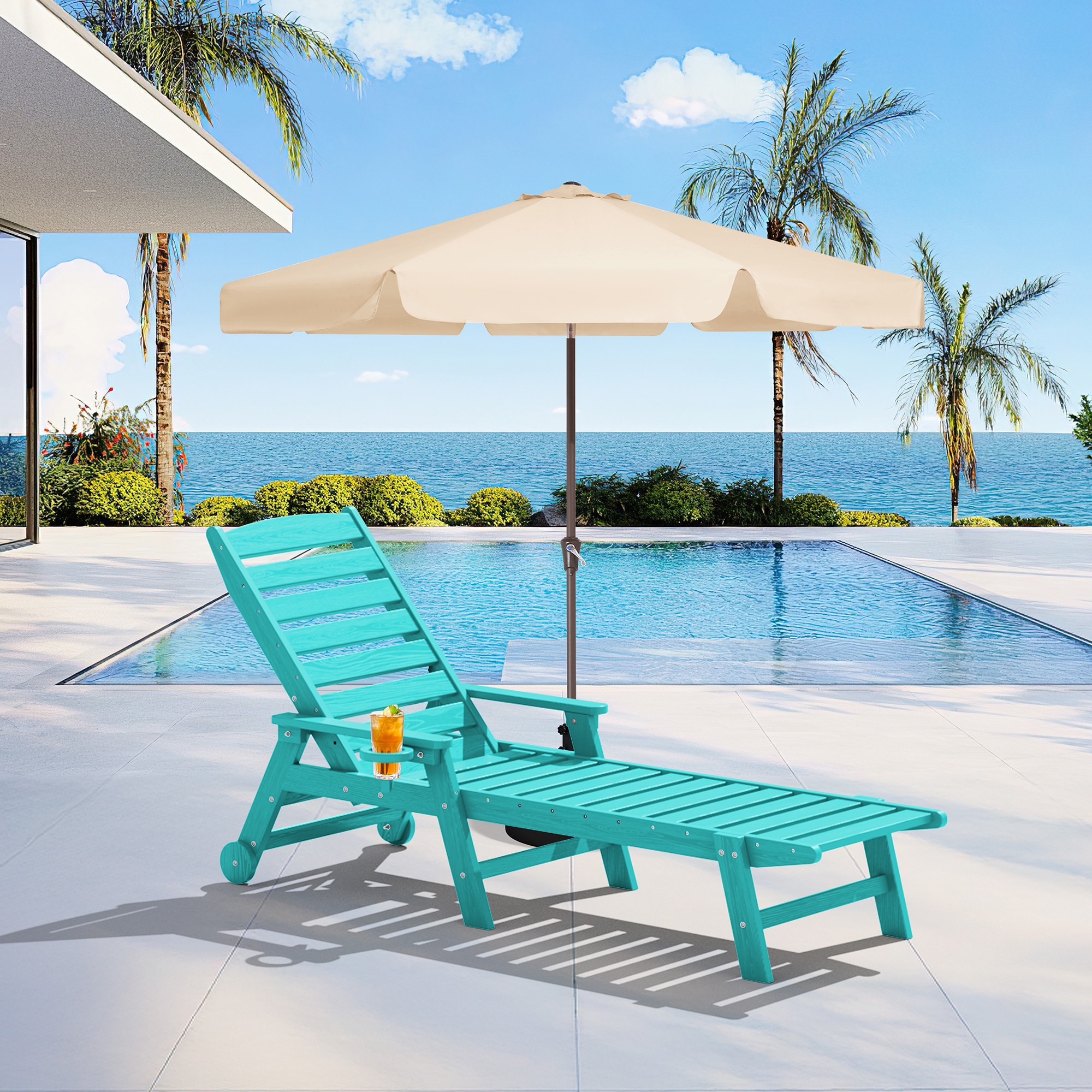 JEAREY TRJCTY-PB Lounge Chair with Wheels and Cup Holder Tiffany Blue HDPE Frame Stationary Chaise Lounge Chair with Slat Seat