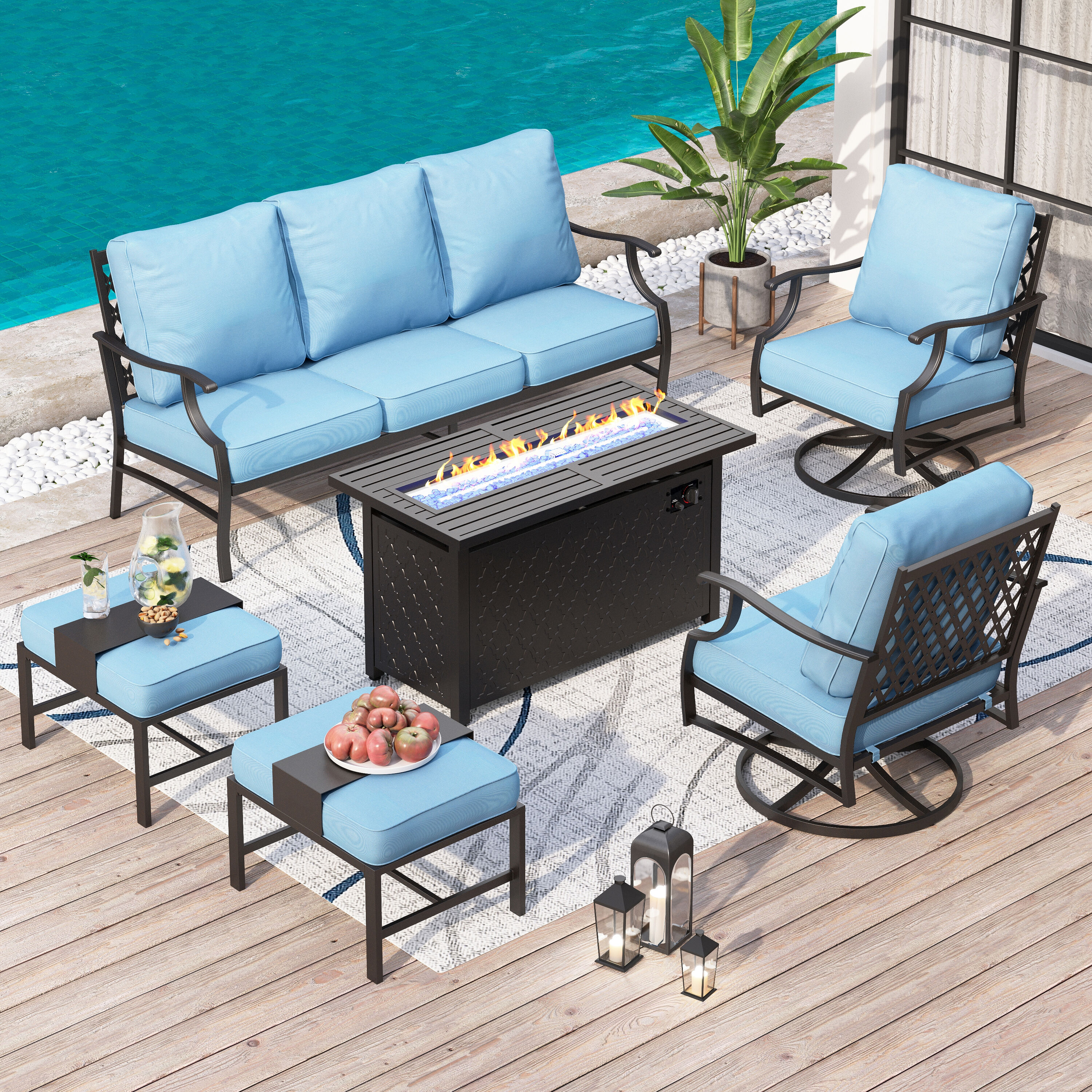 Sunshine Valley CP003-17-7-GS007-BL Patio Furniture Set with Fire Pit 6 -Piece Patio Sofa Conversation Set with Blue CUSHION PRO Cushions