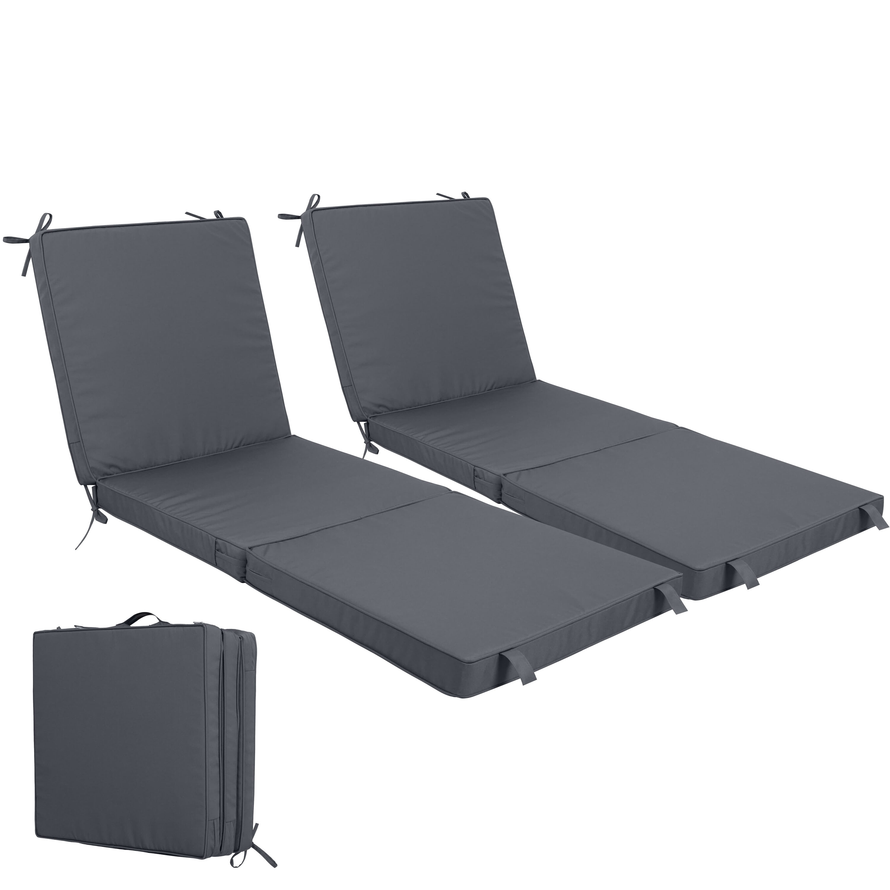 Vynxaria -  Set of 2 Gray Outdoor TriFold Chaise Lounge Cushions Water Resistant with Hook and Lo...