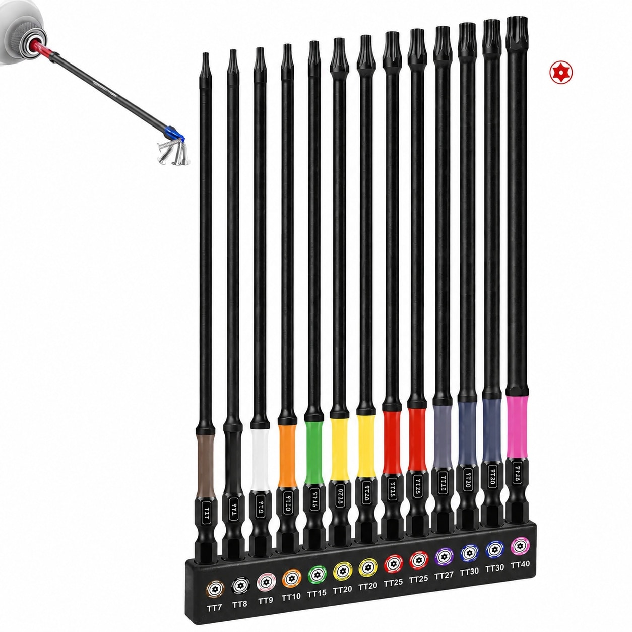 Ahfiwaso 6 Inch Impact Torx Bit Set 13 Pieces Magnetic S2 Steel Security Star Bits with One Quarter Hex Shank Long Extension Tamper Proof #LAH0819Q131