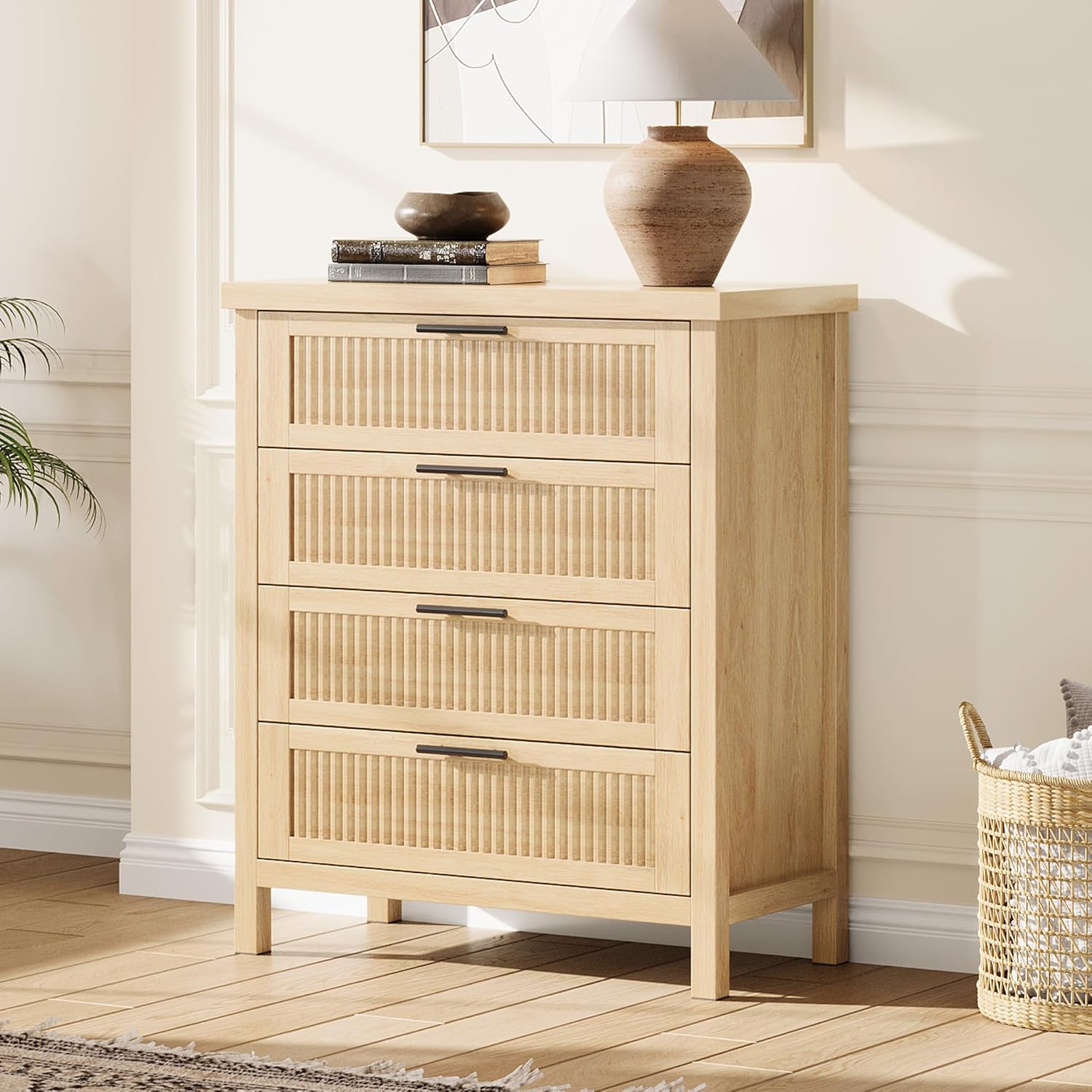 Garvee Fluted Dresser for Bedroom Chest of Dressers 35inch Tall Dresser for Closet with 4 Fluted Dressers Chest with Clothes Storage Cabinet Drawer Organizer for Bedroom Living Room -Oak